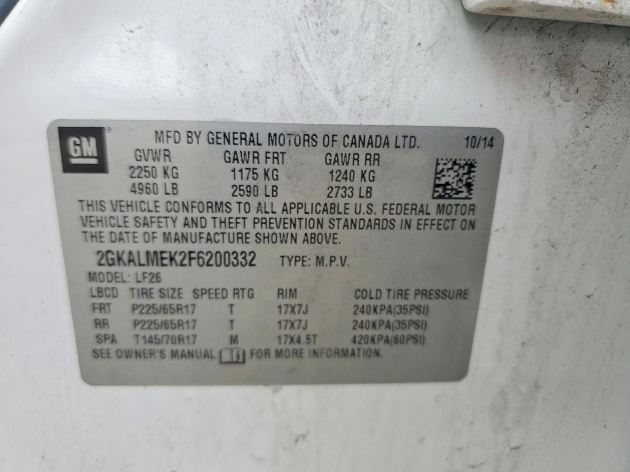 2015 Gmc Terrain Sle White vin: 2GKALMEK2F6200332