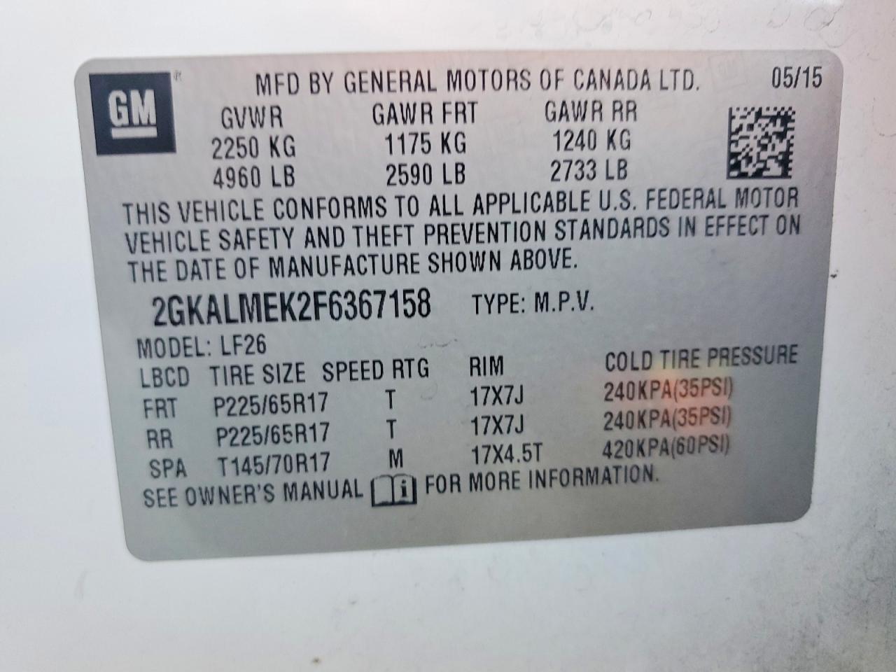 2015 Gmc Terrain Sle White vin: 2GKALMEK2F6367158
