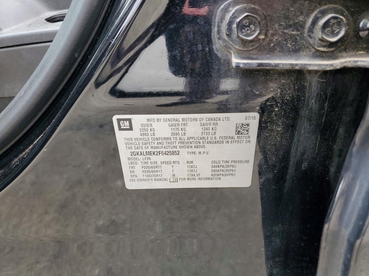 2015 Gmc Terrain Sle Black vin: 2GKALMEK2F6425852