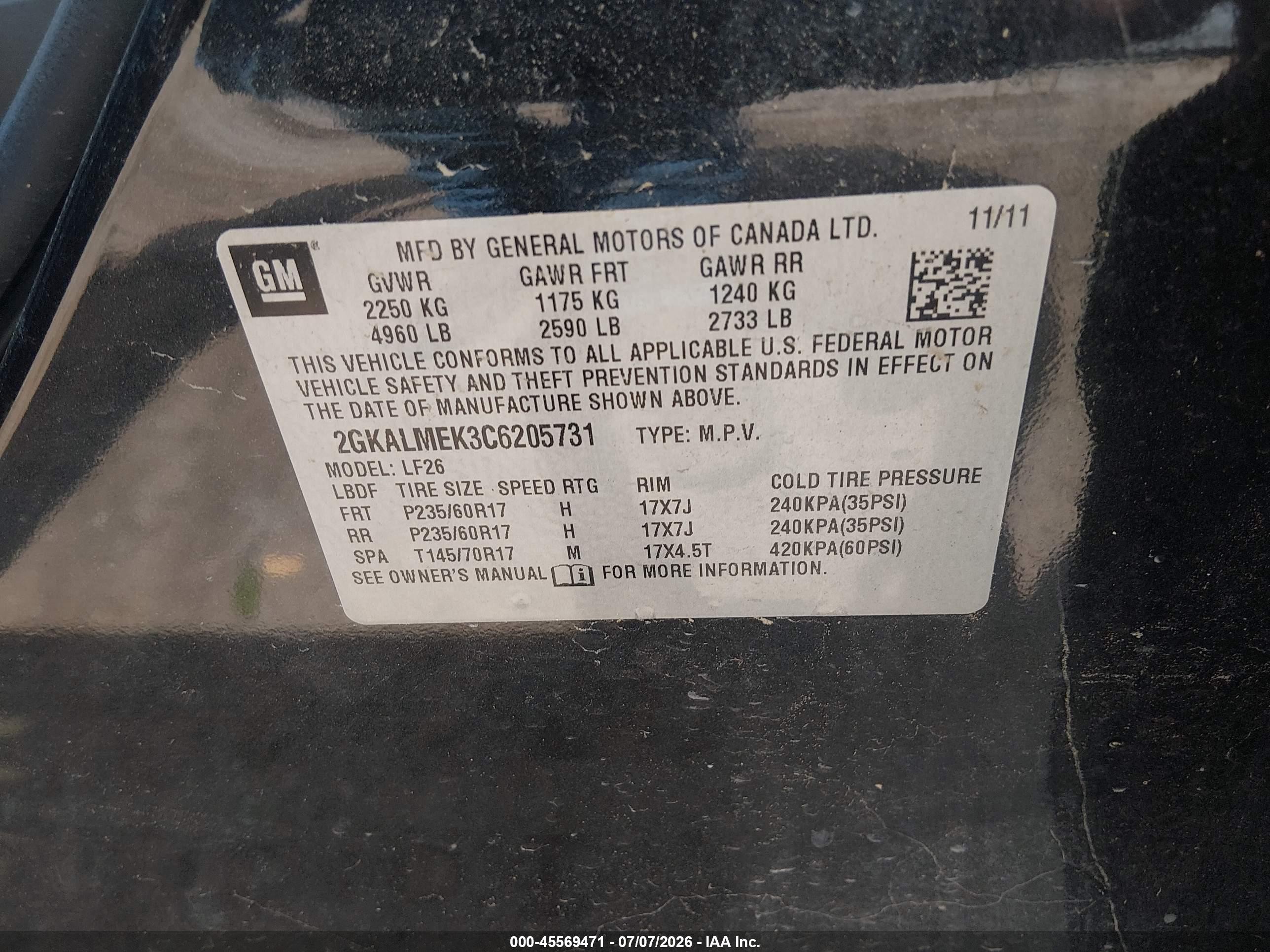 2012 Gmc Terrain Sle-1 Black vin: 2GKALMEK3C6205731