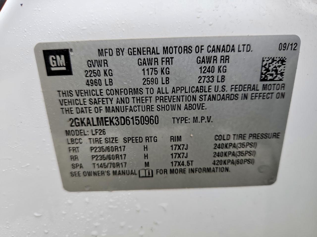 2013 Gmc Terrain Sle White vin: 2GKALMEK3D6150960