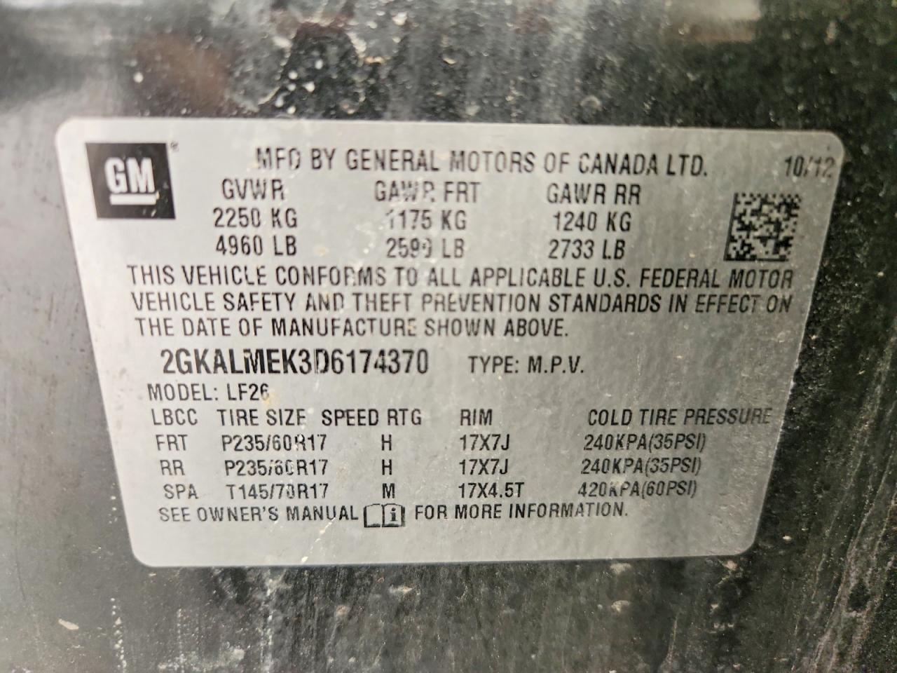 2013 Gmc Terrain Sle Charcoal vin: 2GKALMEK3D6174370