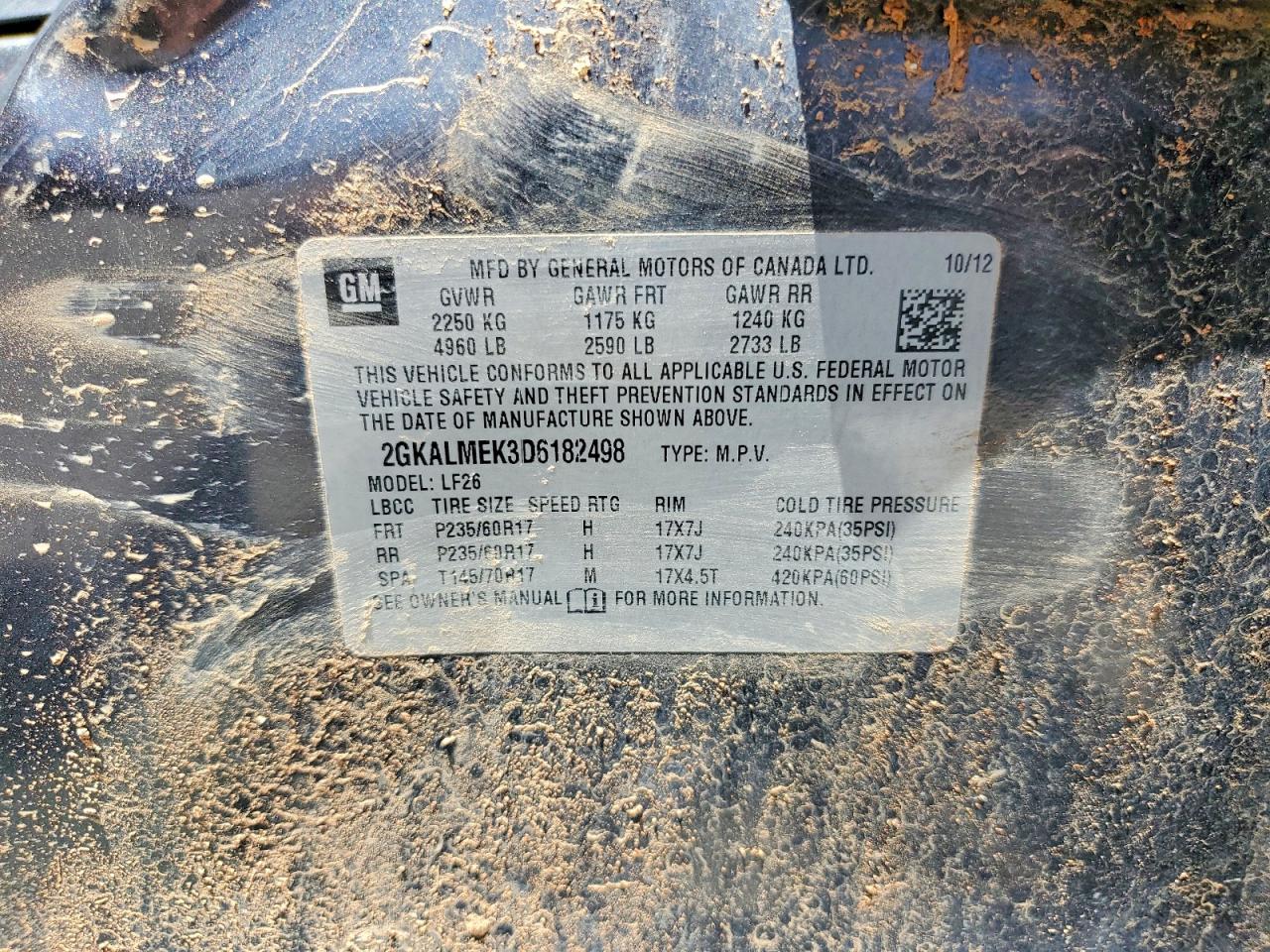 2013 Gmc Terrain Sle Charcoal vin: 2GKALMEK3D6182498