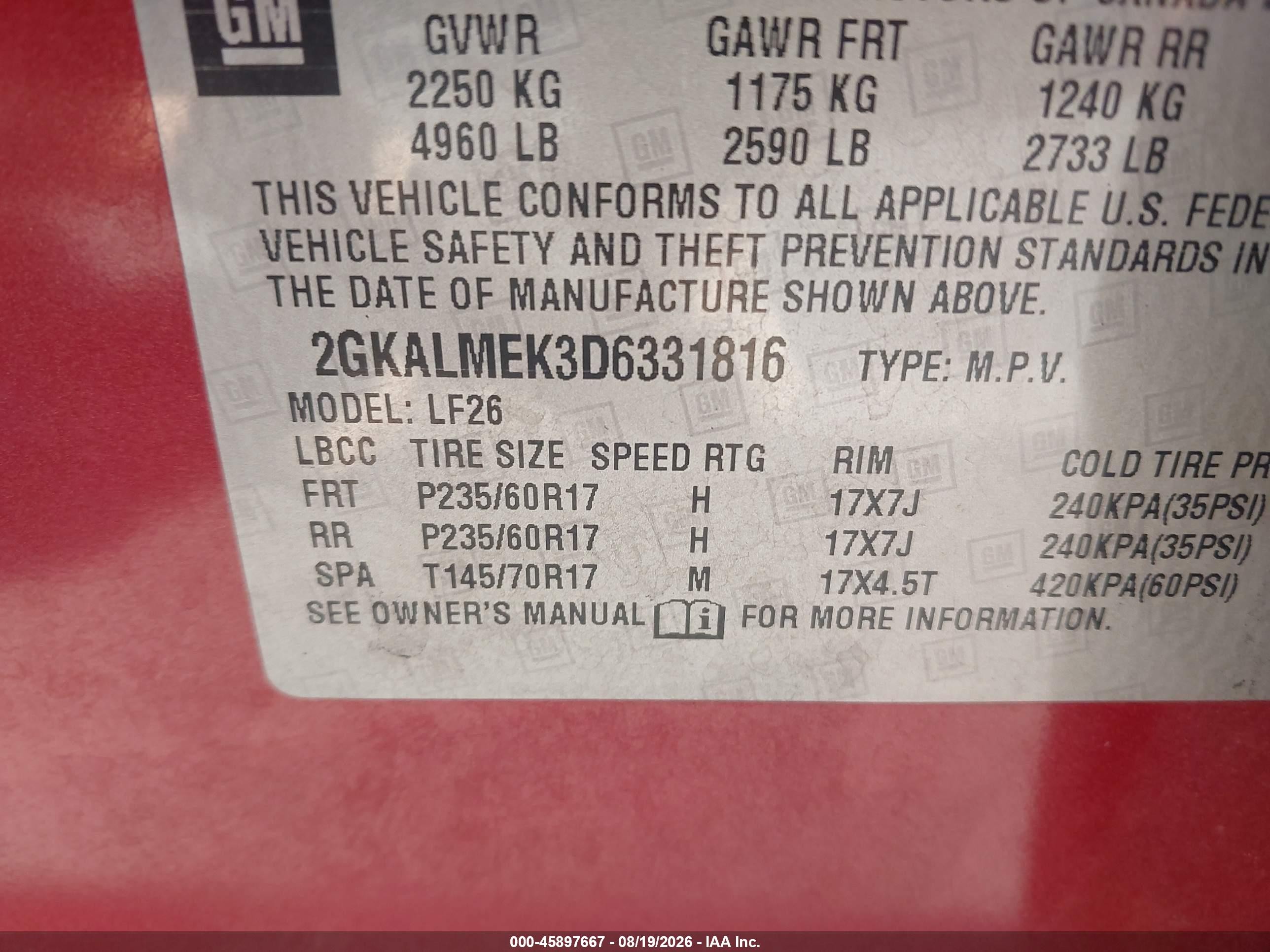 2013 Gmc Terrain Sle-1 Red vin: 2GKALMEK3D6331816