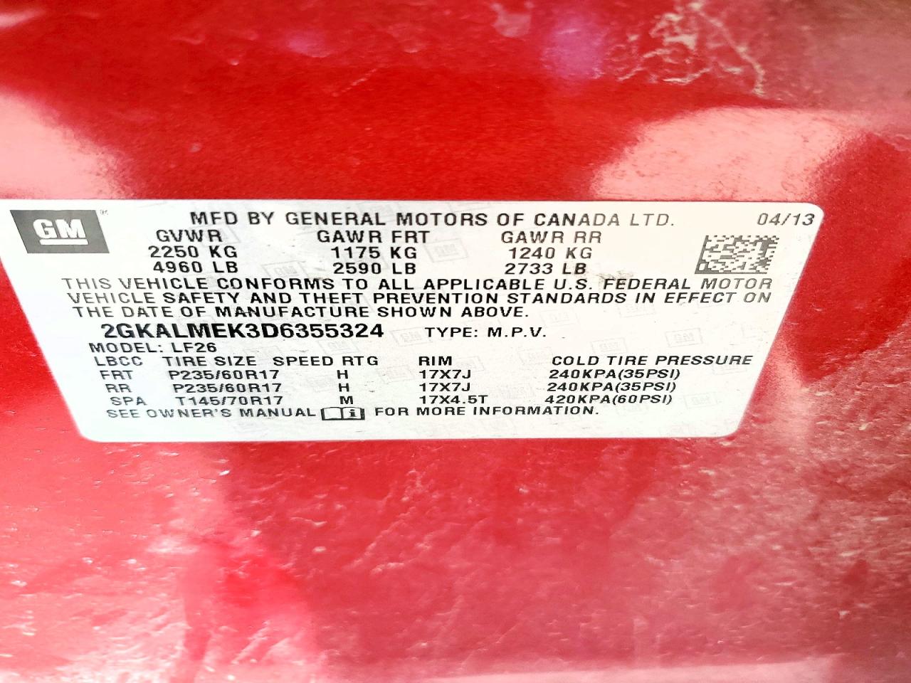2013 Gmc Terrain Sle Red vin: 2GKALMEK3D6355324