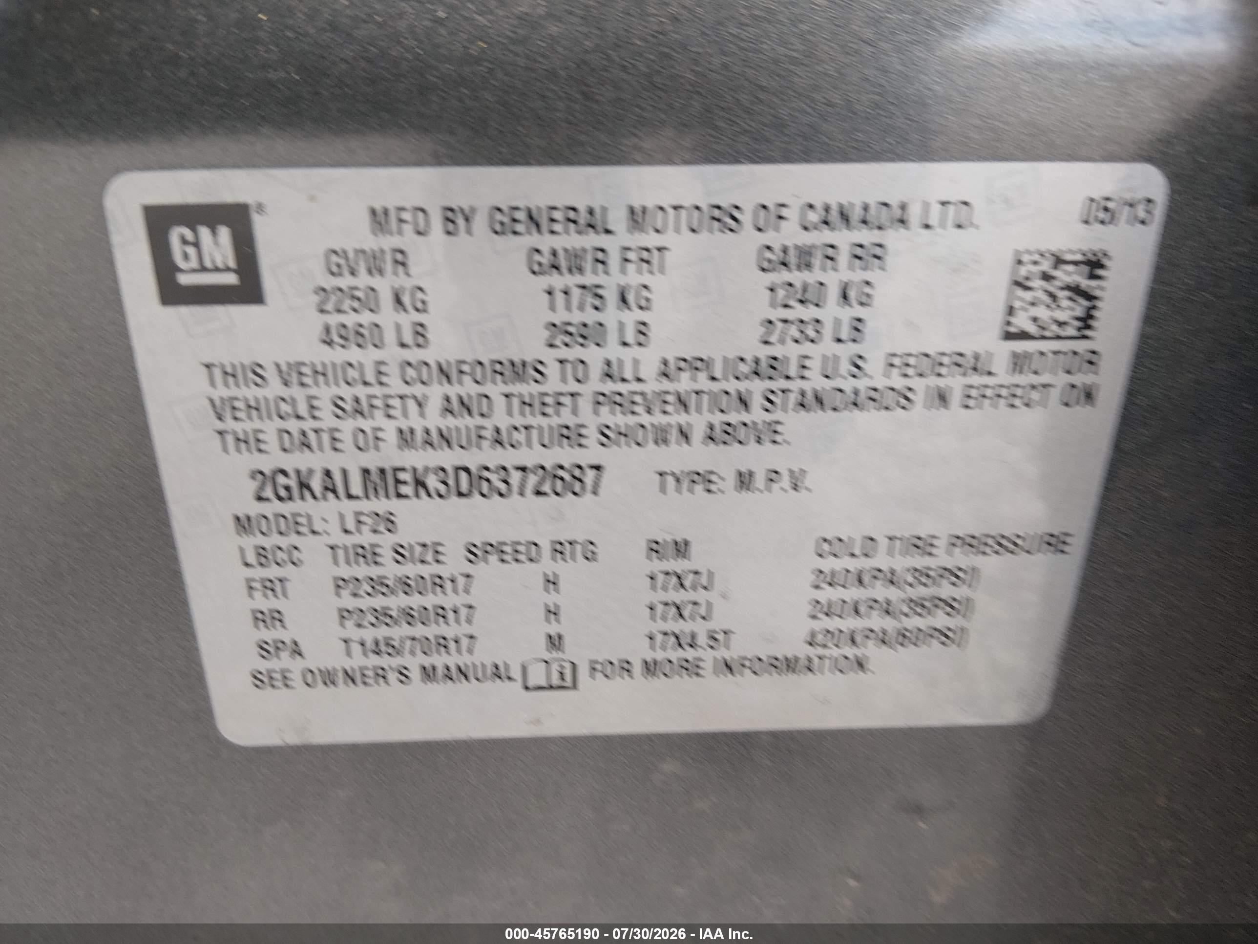 2013 Gmc Terrain Sle-1 Gray vin: 2GKALMEK3D6372687