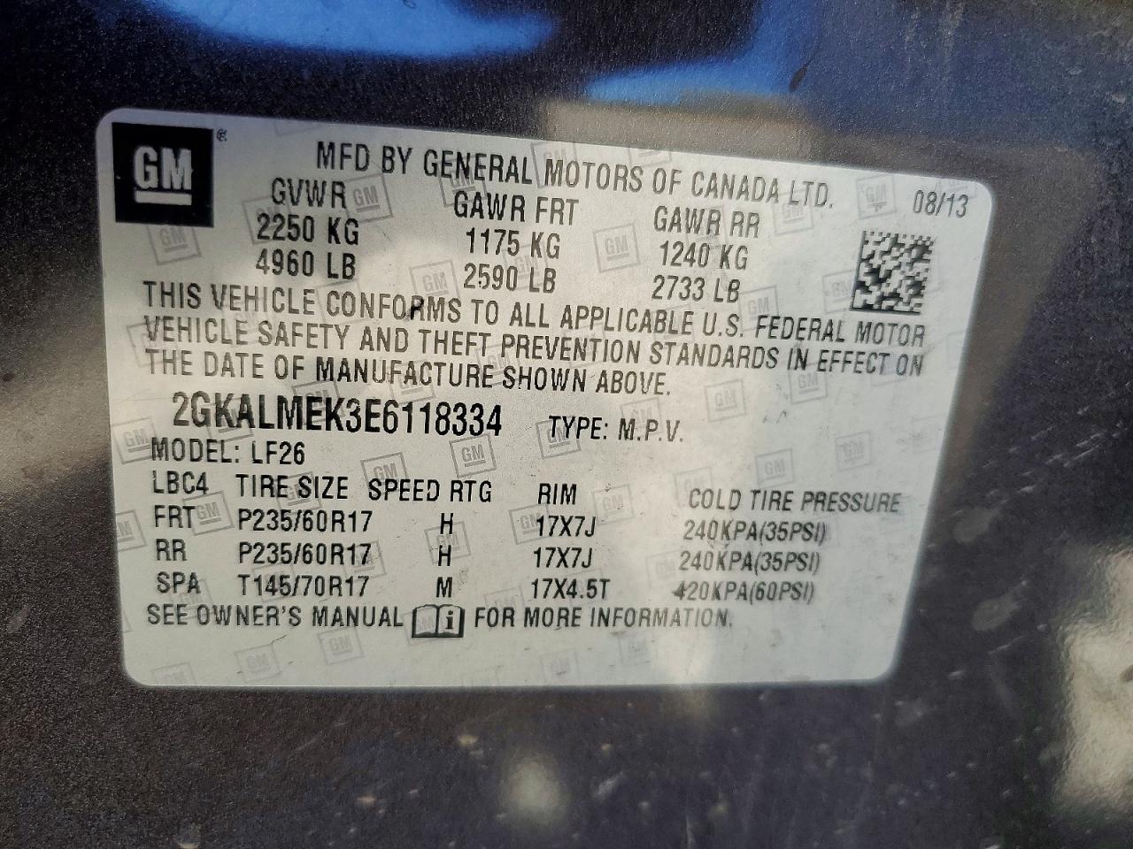 2014 Gmc Terrain Sle Charcoal vin: 2GKALMEK3E6118334
