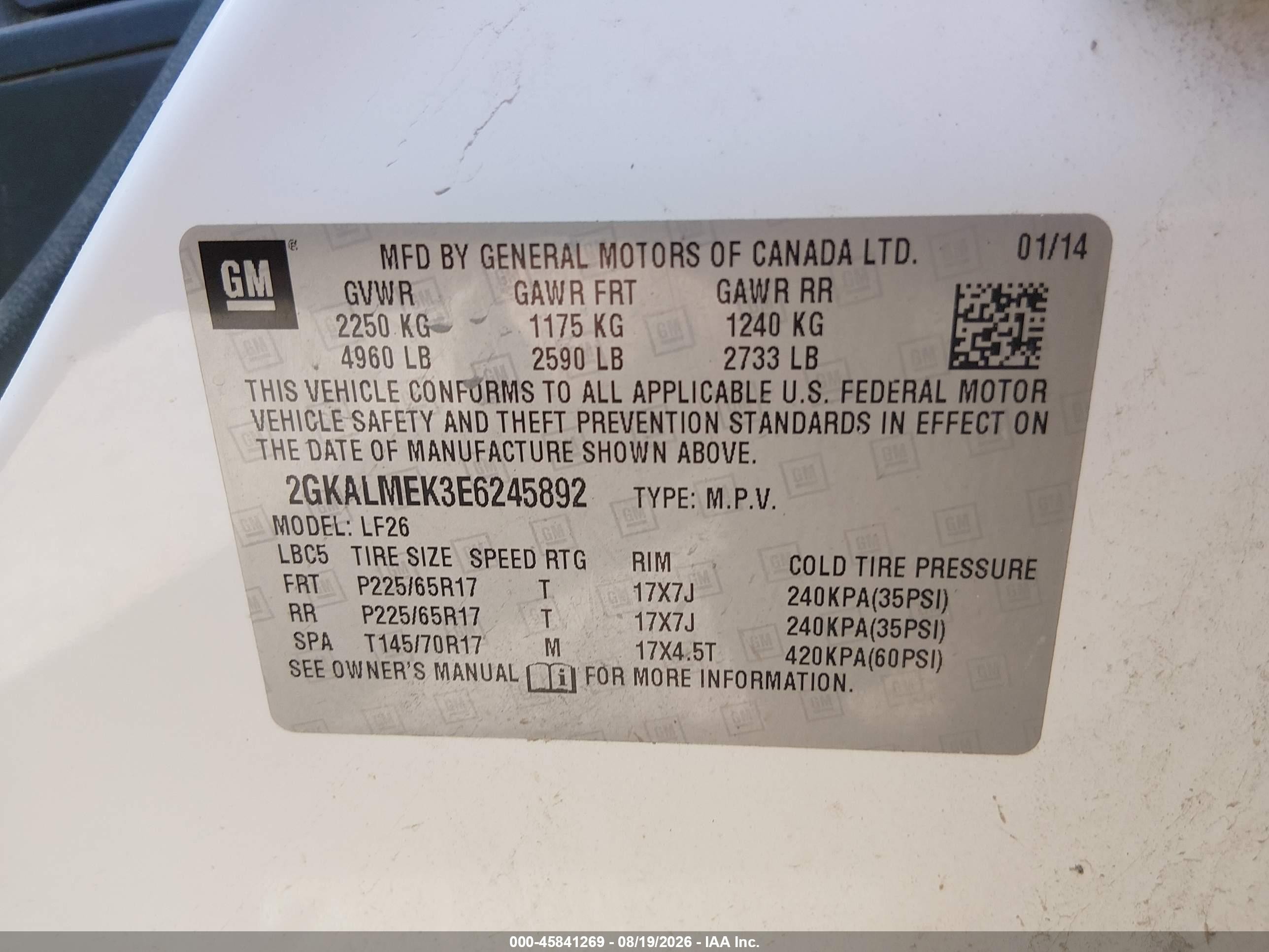 2014 Gmc Terrain Sle-1 White vin: 2GKALMEK3E6245892