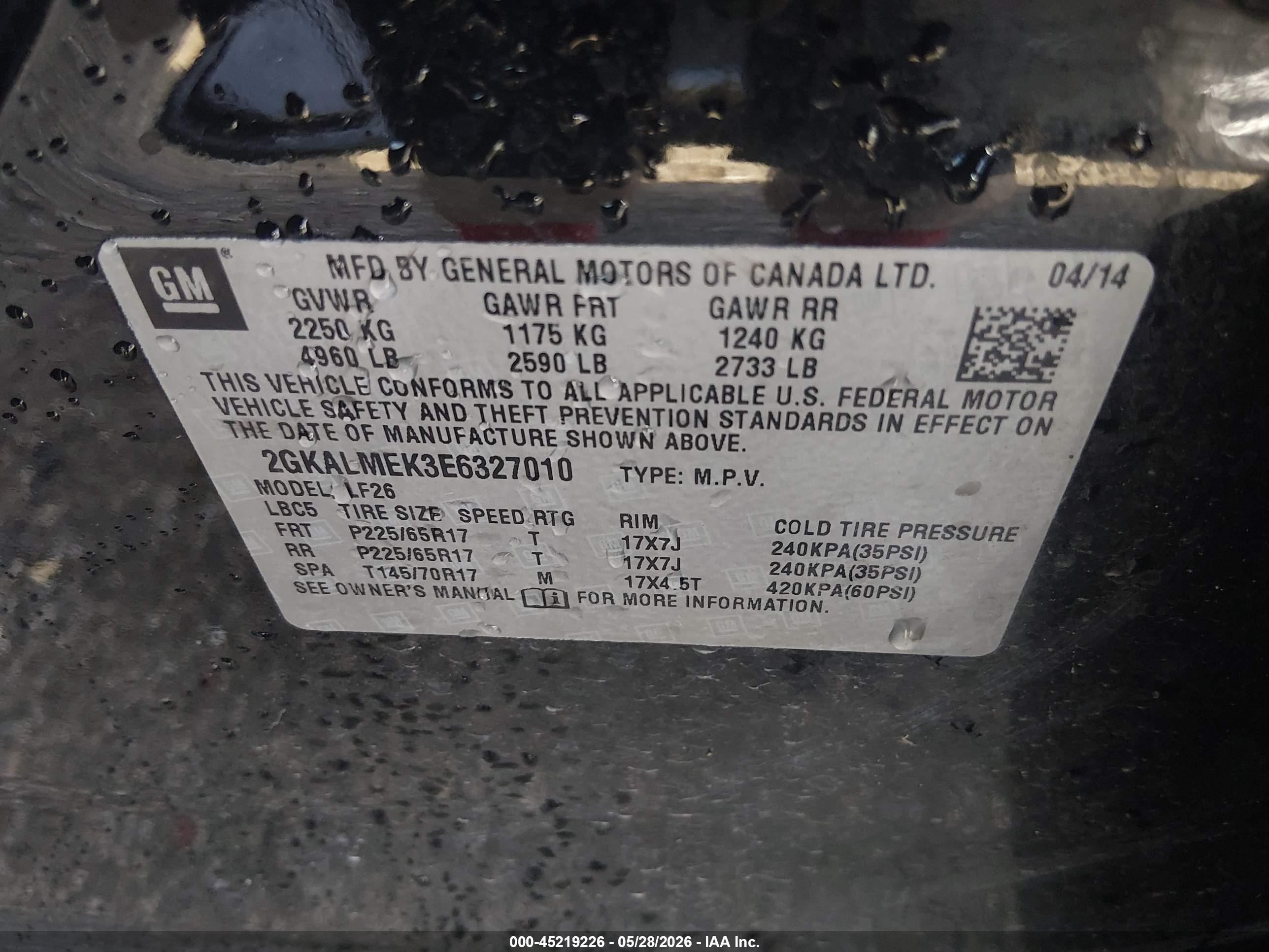 2014 Gmc Terrain Sle-1 Black vin: 2GKALMEK3E6327010
