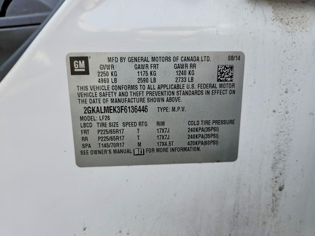 2015 Gmc Terrain Sle White vin: 2GKALMEK3F6136446