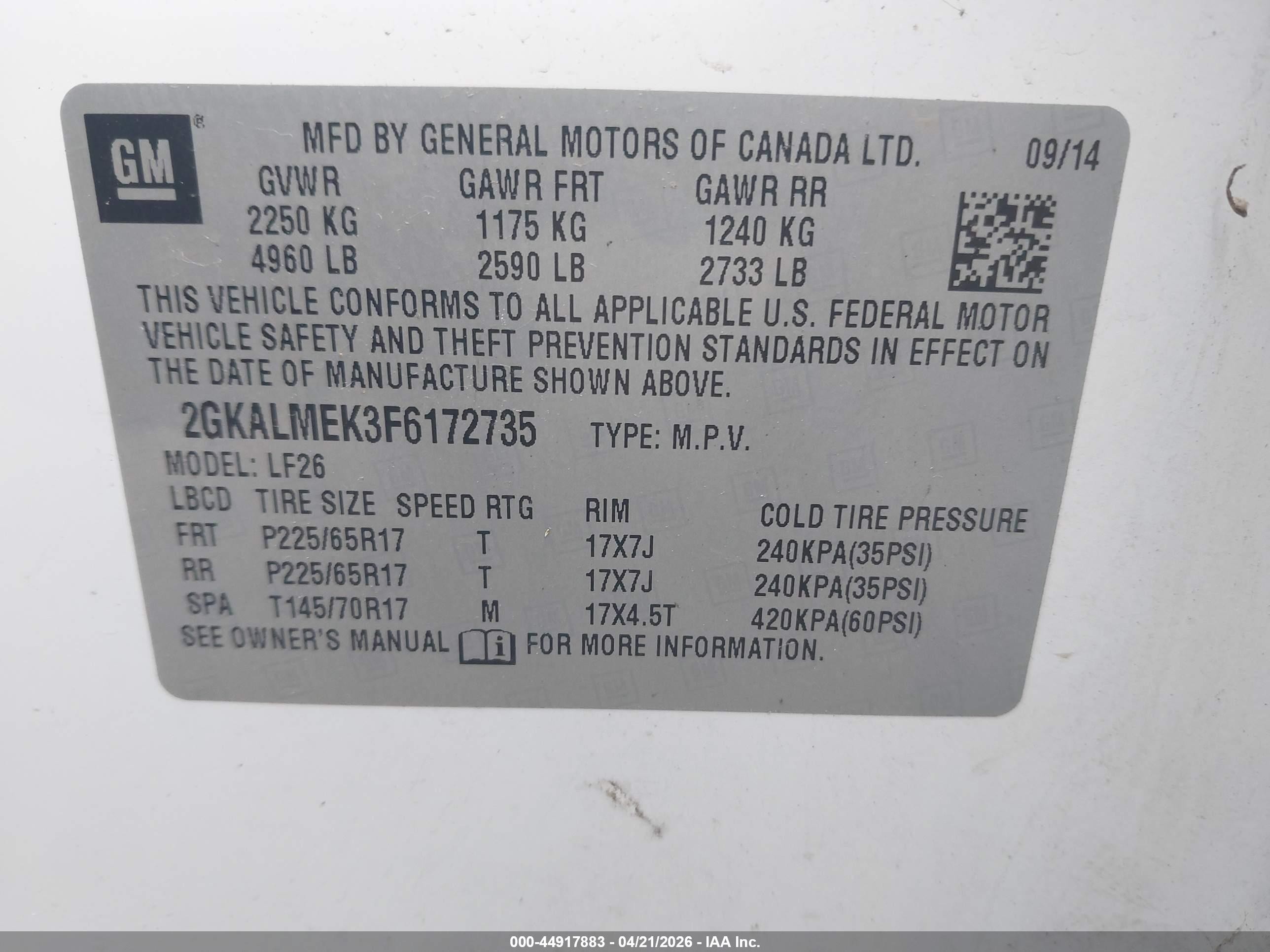 2015 Gmc Terrain Sle-1 White vin: 2GKALMEK3F6172735