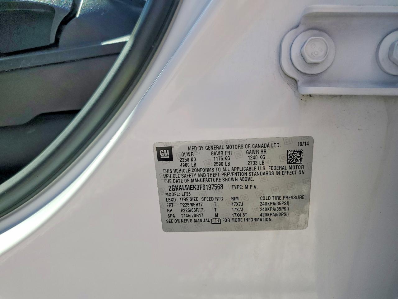 2015 Gmc Terrain Sle White vin: 2GKALMEK3F6197568