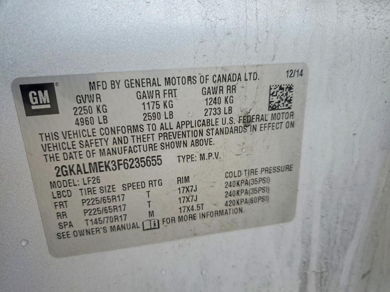 2015 Gmc Terrain Sle Silver vin: 2GKALMEK3F6235655