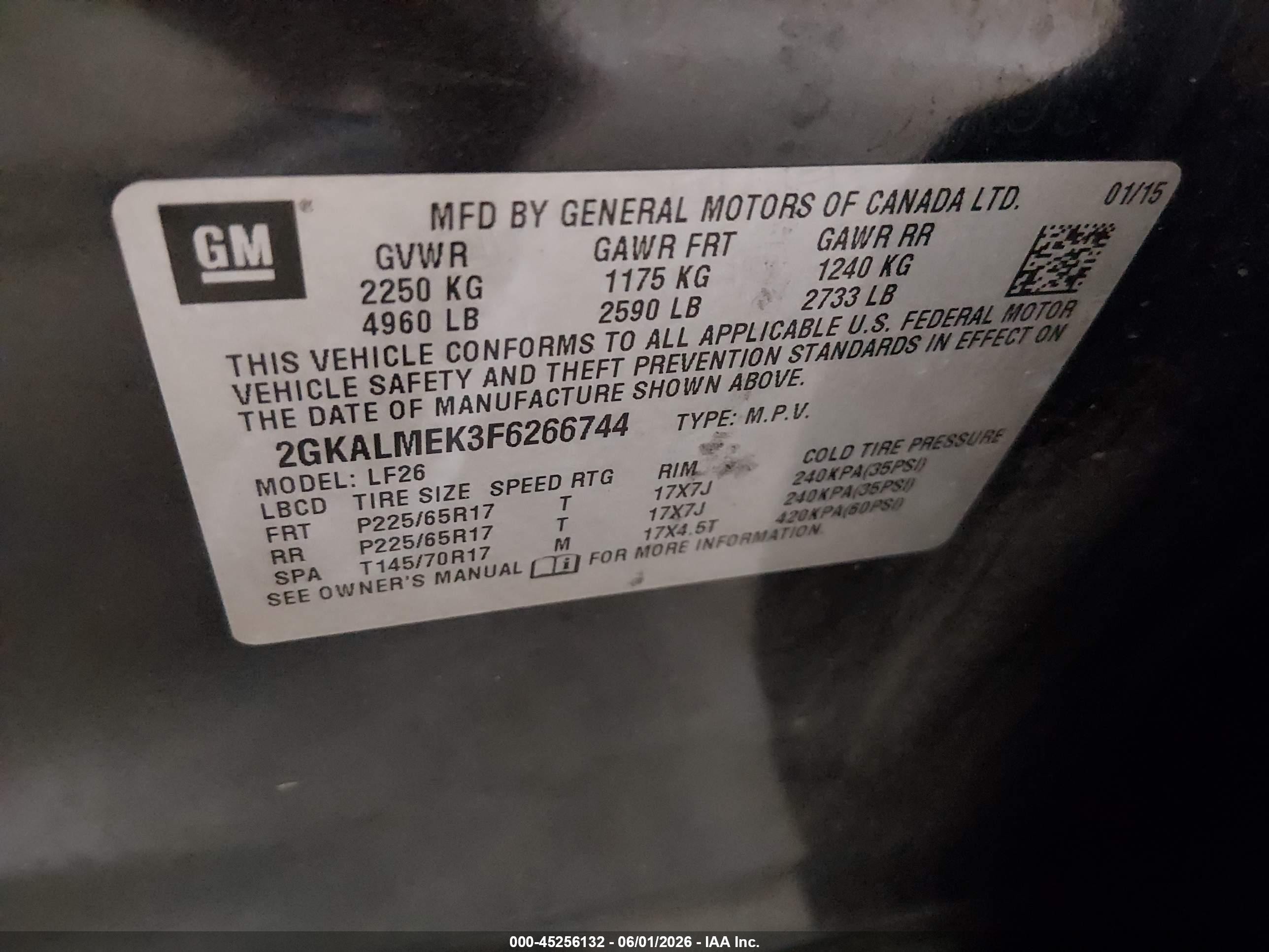 2015 Gmc Terrain Sle-1 Black vin: 2GKALMEK3F6266744