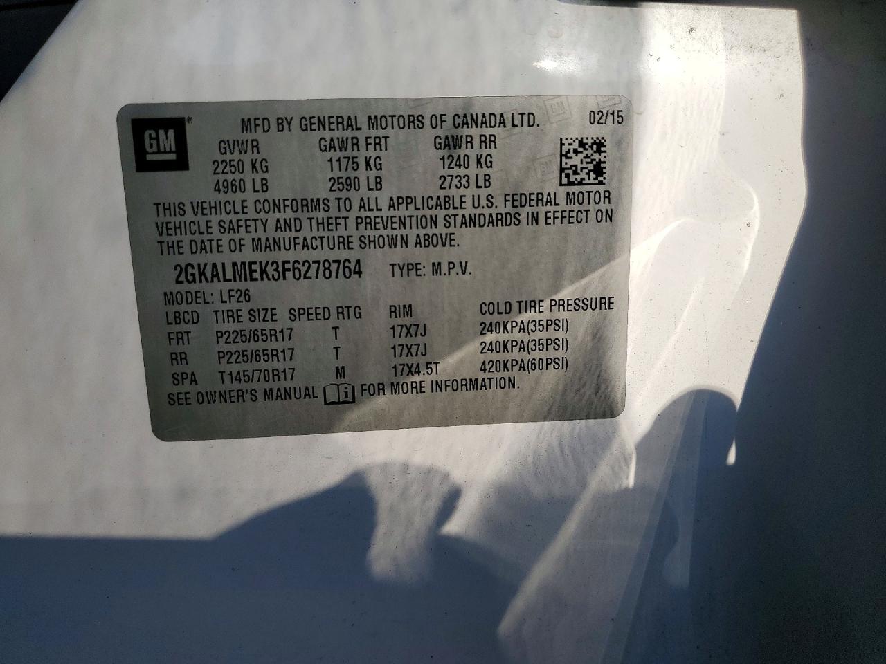2015 Gmc Terrain Sle White vin: 2GKALMEK3F6278764