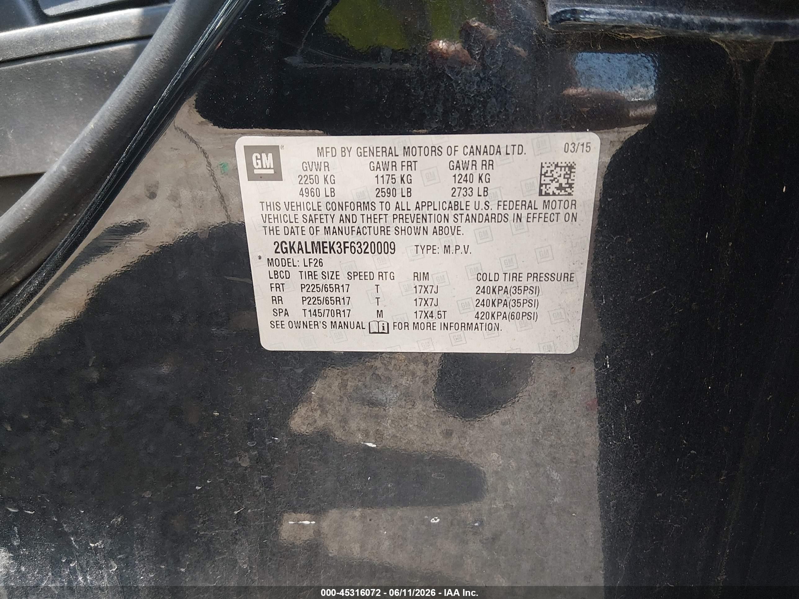 2015 Gmc Terrain Sle-1 Black vin: 2GKALMEK3F6320009
