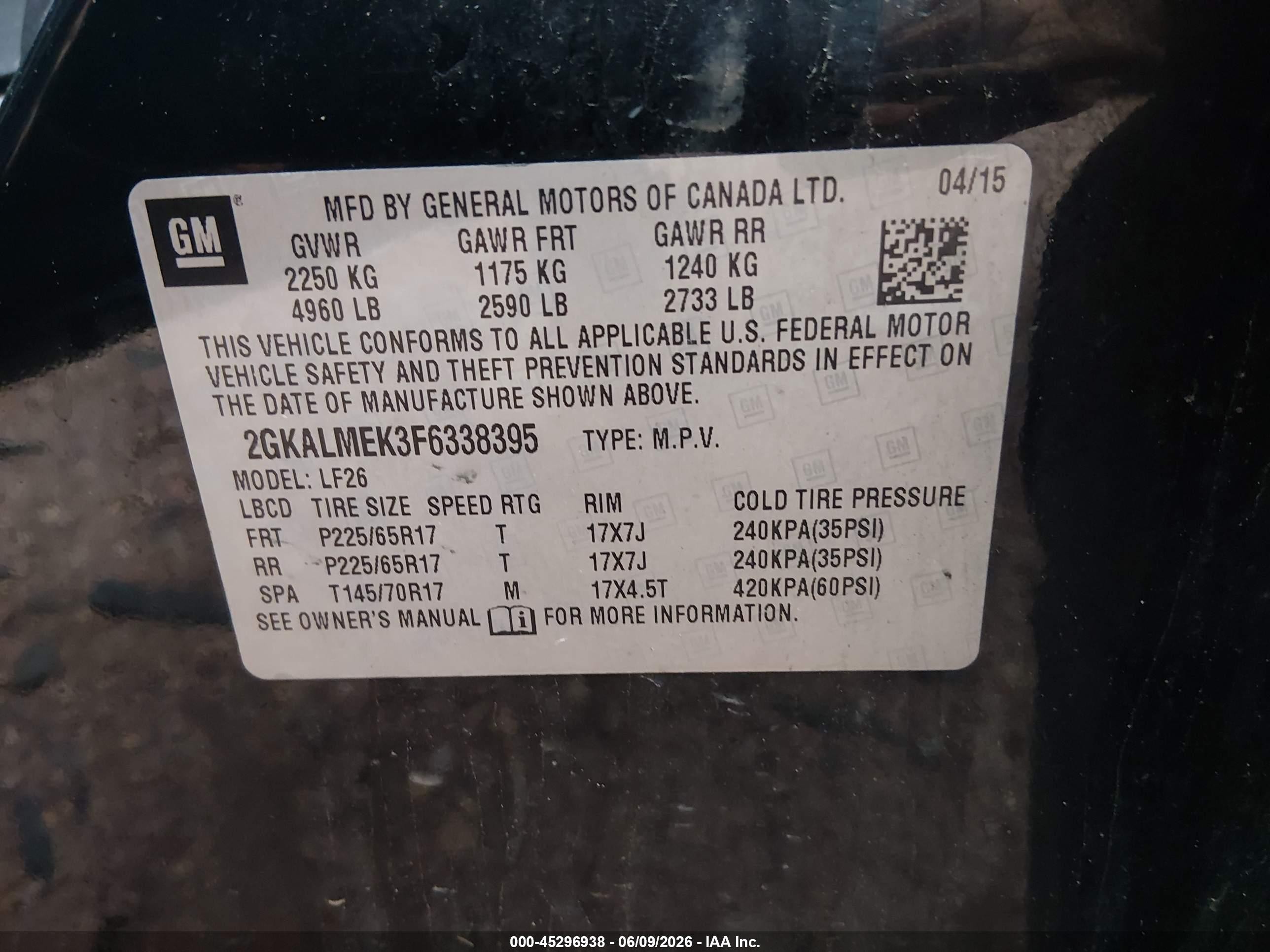 2015 Gmc Terrain Sle-1 Черный vin: 2GKALMEK3F6338395