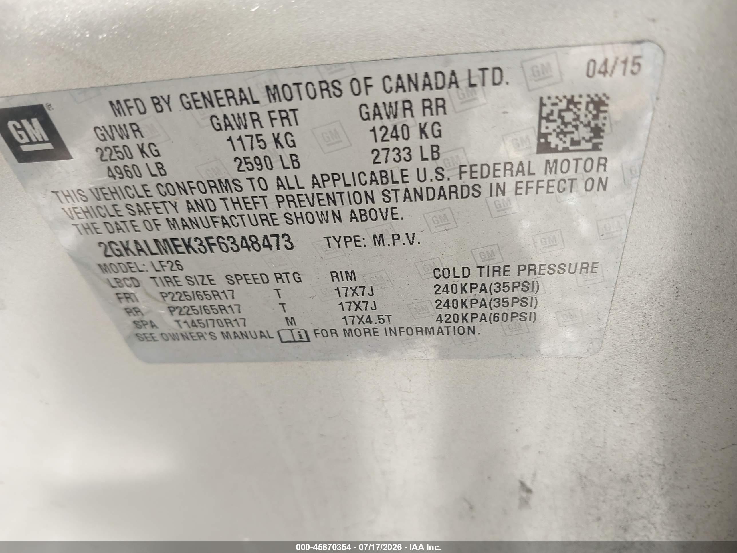 2015 Gmc Terrain Sle-1 Beige vin: 2GKALMEK3F6348473