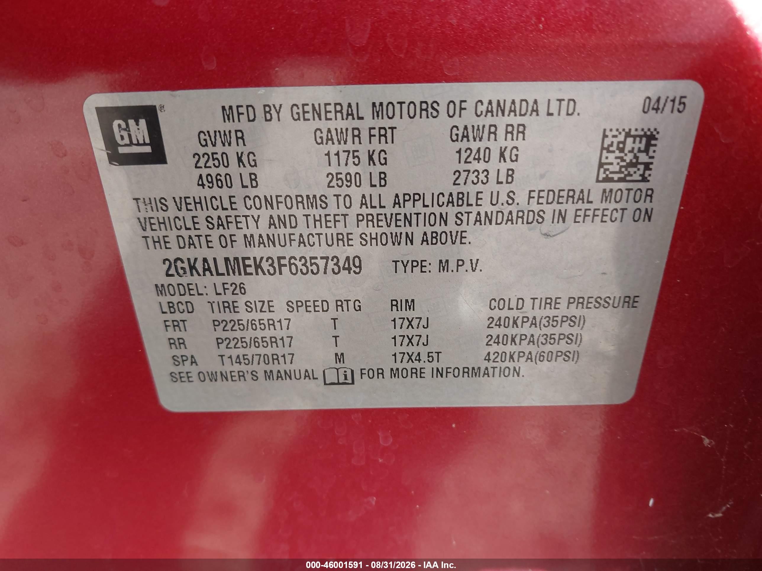 2015 Gmc Terrain Sle-1 Красный vin: 2GKALMEK3F6357349