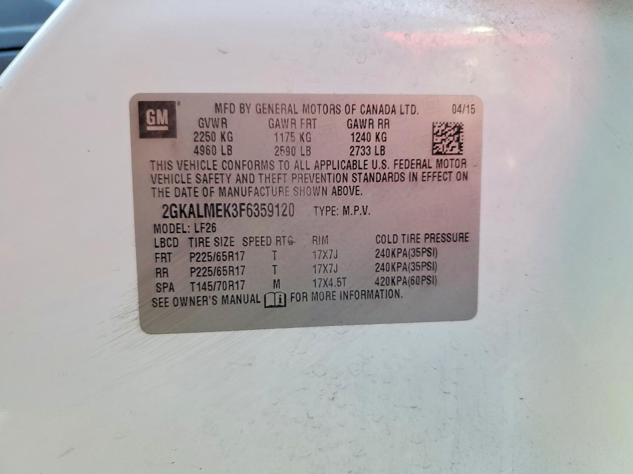 2015 Gmc Terrain Sle White vin: 2GKALMEK3F6359120