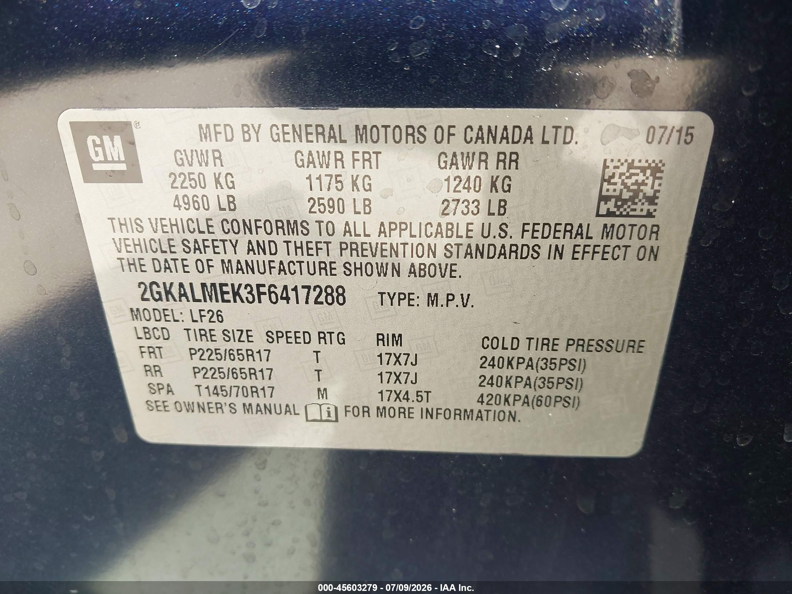 2015 Gmc Terrain Sle-1 Dark Blue vin: 2GKALMEK3F6417288