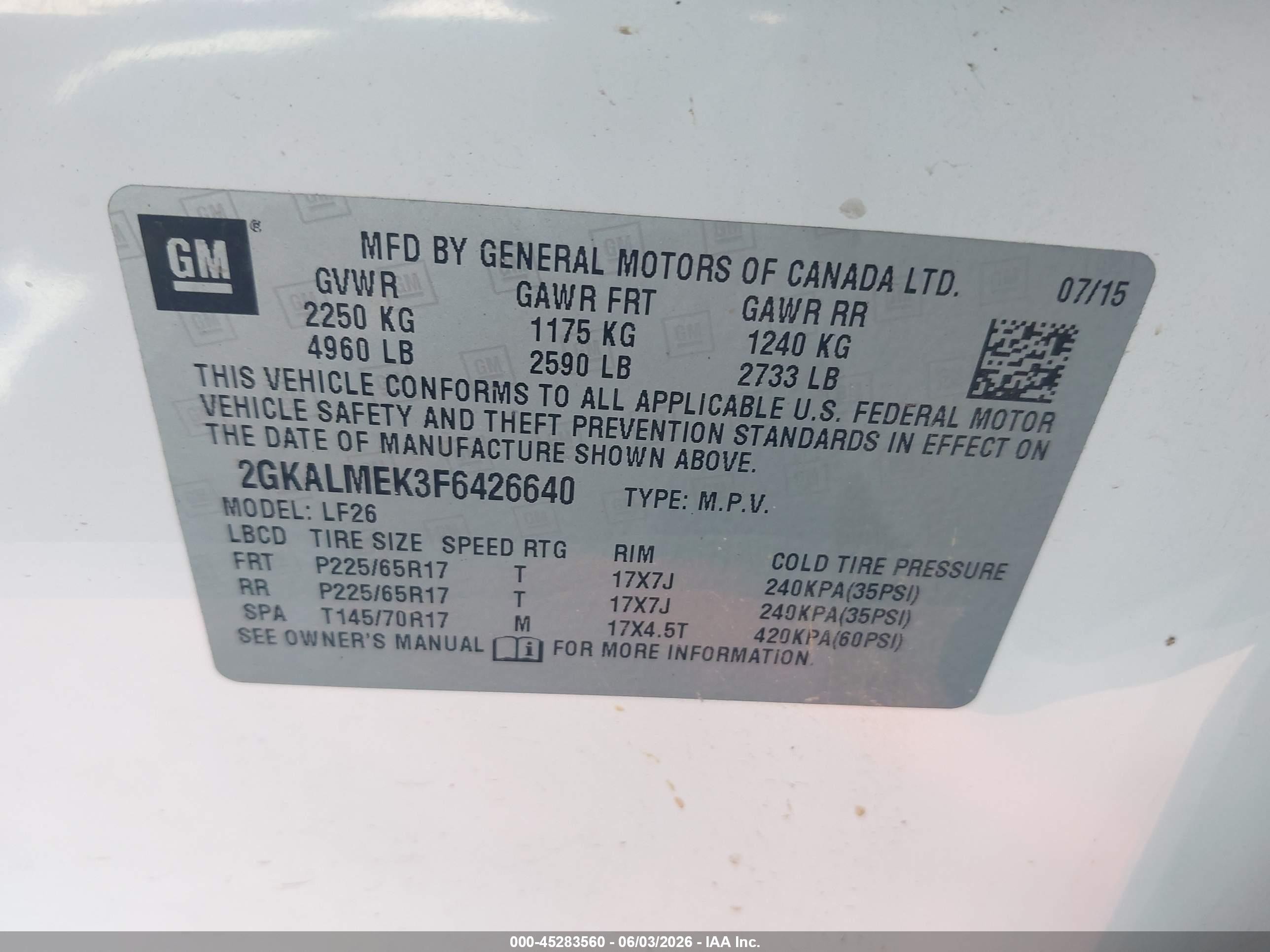 2015 Gmc Terrain Sle-1 White vin: 2GKALMEK3F6426640