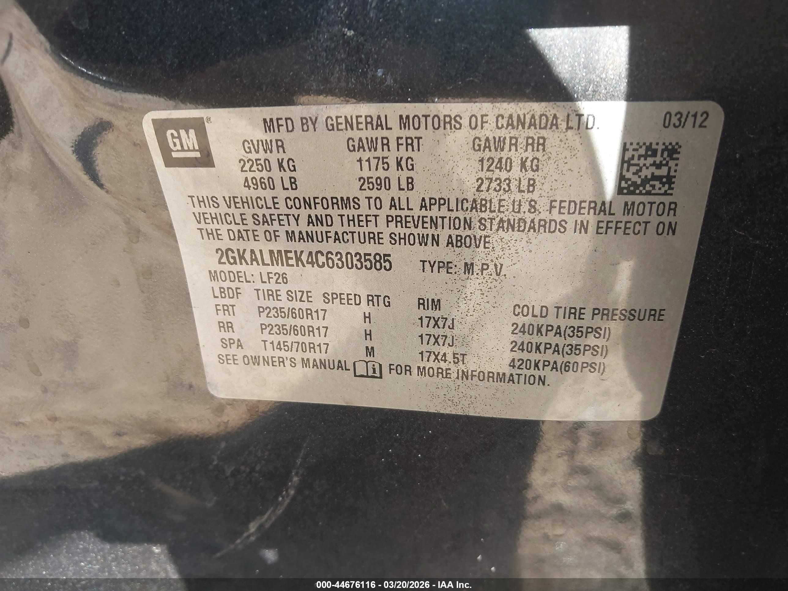 2012 Gmc Terrain Sle-1 Черный vin: 2GKALMEK4C6303585