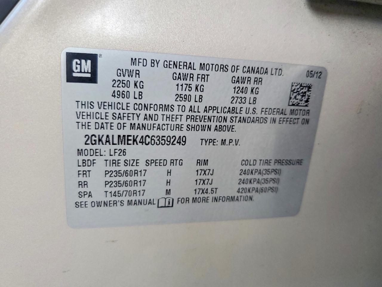 2012 Gmc Terrain Sle Beige vin: 2GKALMEK4C6359249