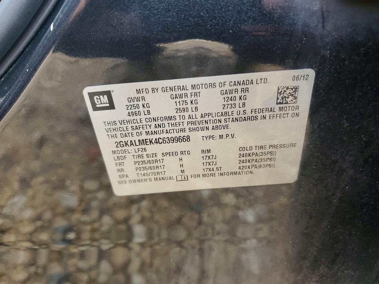 2012 Gmc Terrain Sle Black vin: 2GKALMEK4C6399668