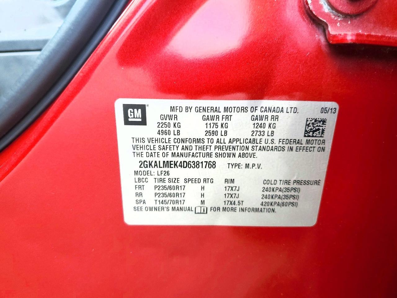 2013 Gmc Terrain Sle Red vin: 2GKALMEK4D6381768