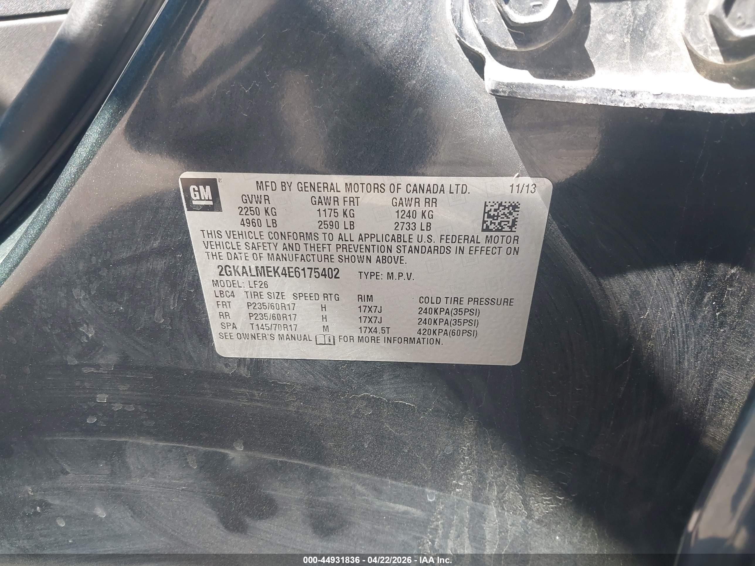 2014 Gmc Terrain Sle-1 Gray vin: 2GKALMEK4E6175402