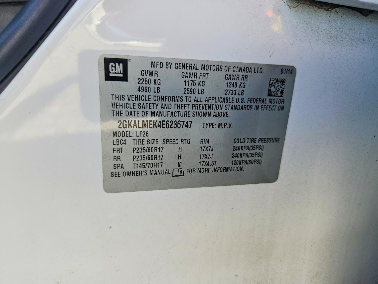 2014 Gmc Terrain Sle White vin: 2GKALMEK4E6236747
