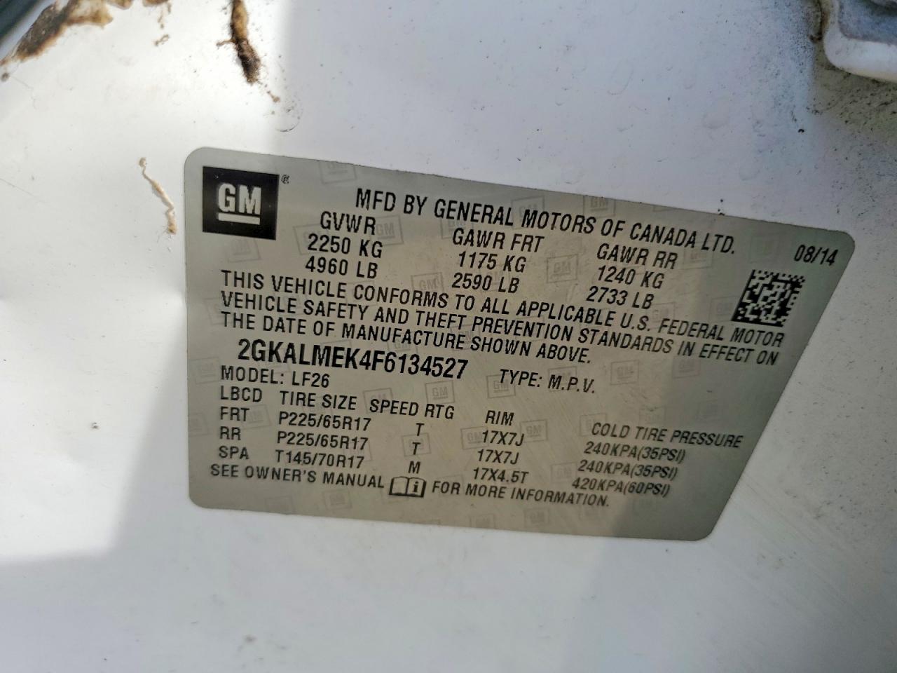 2015 Gmc Terrain White vin: 2GKALMEK4F6134527