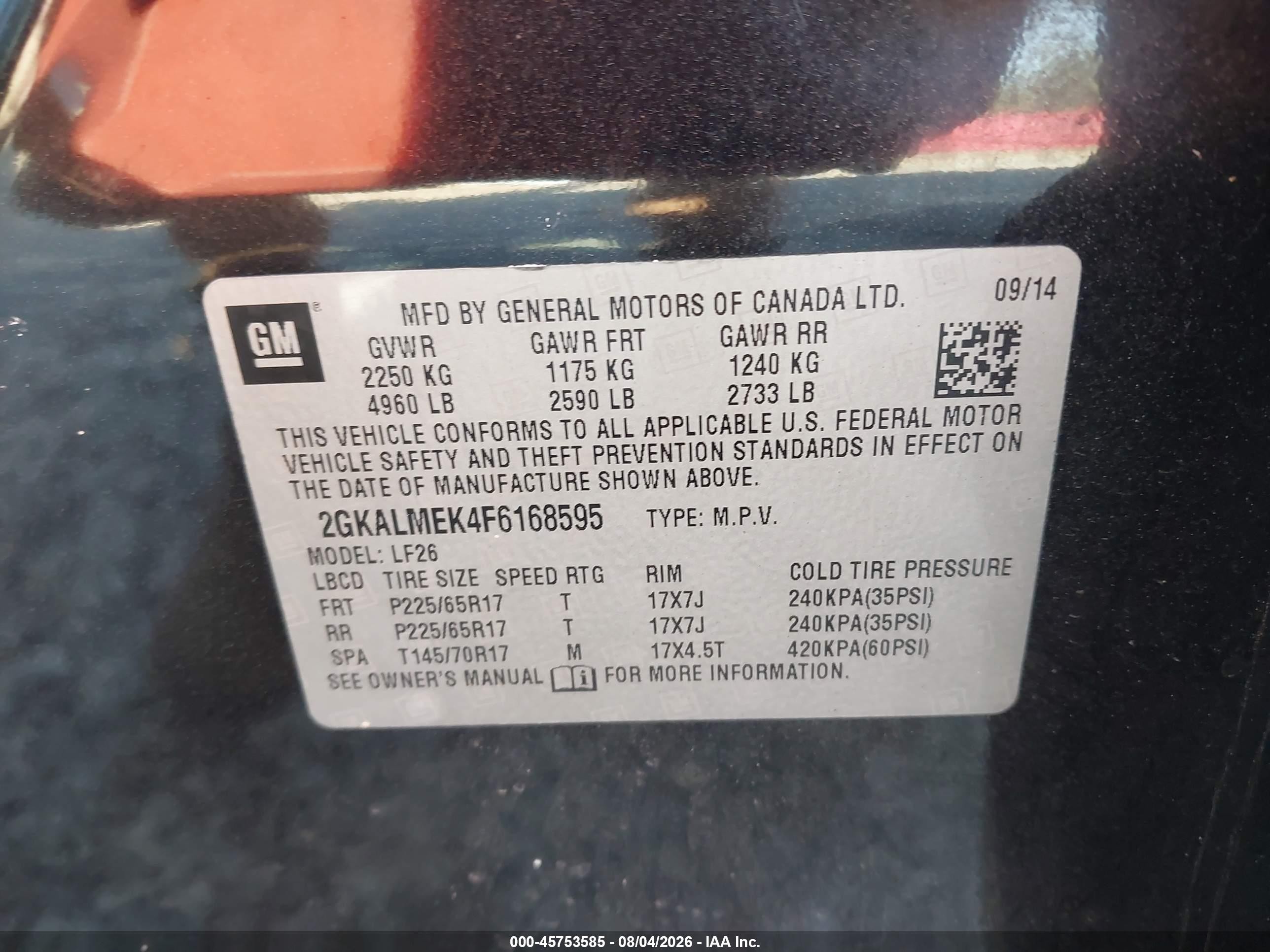 2015 Gmc Terrain Sle-1 Black vin: 2GKALMEK4F6168595