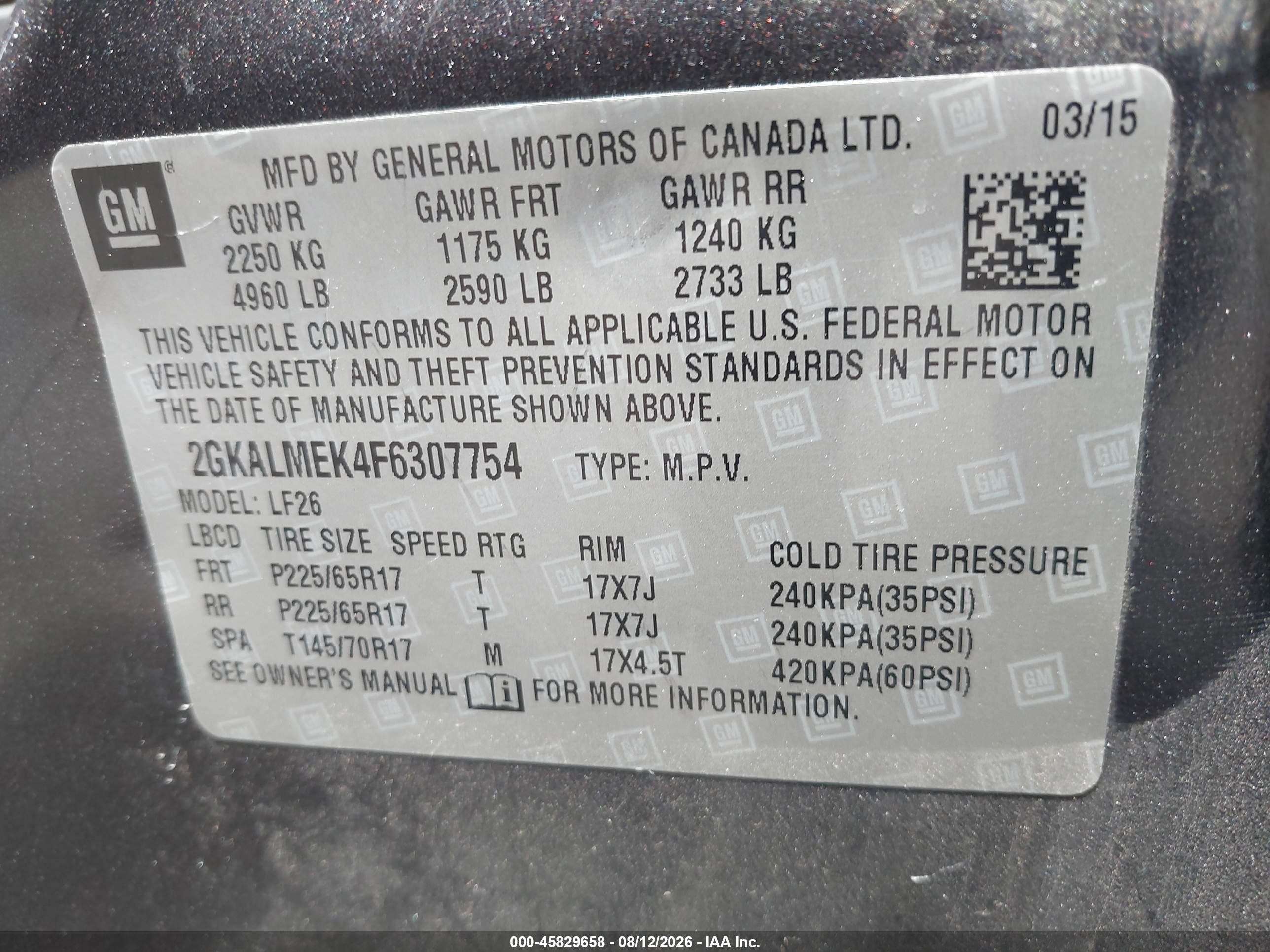 2015 Gmc Terrain Sle-1 Black vin: 2GKALMEK4F6307754