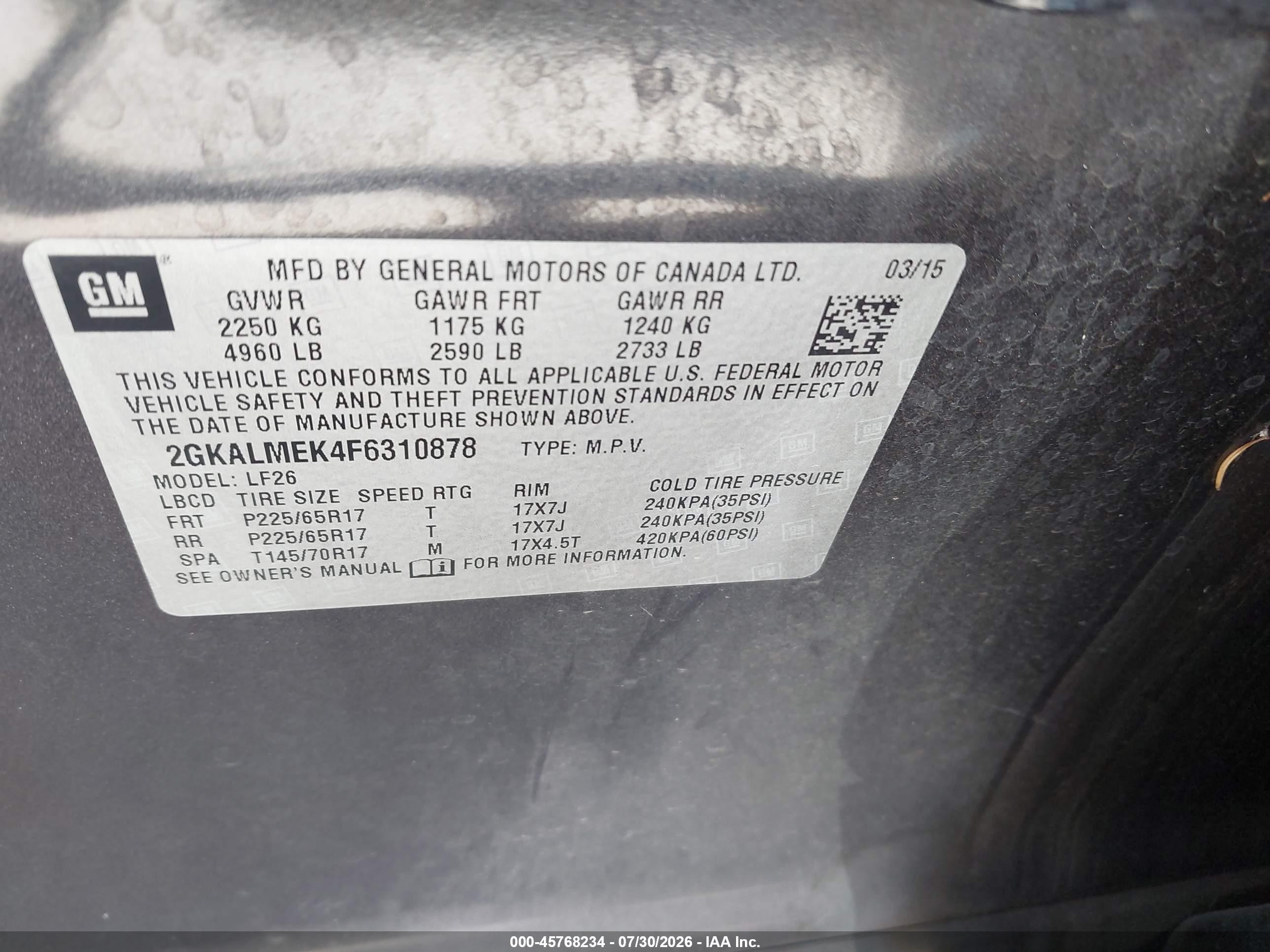 2015 Gmc Terrain Sle-1 Black vin: 2GKALMEK4F6310878