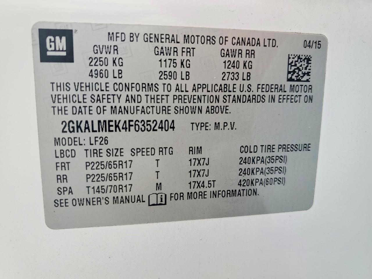 2015 Gmc Terrain Sle Белый vin: 2GKALMEK4F6352404