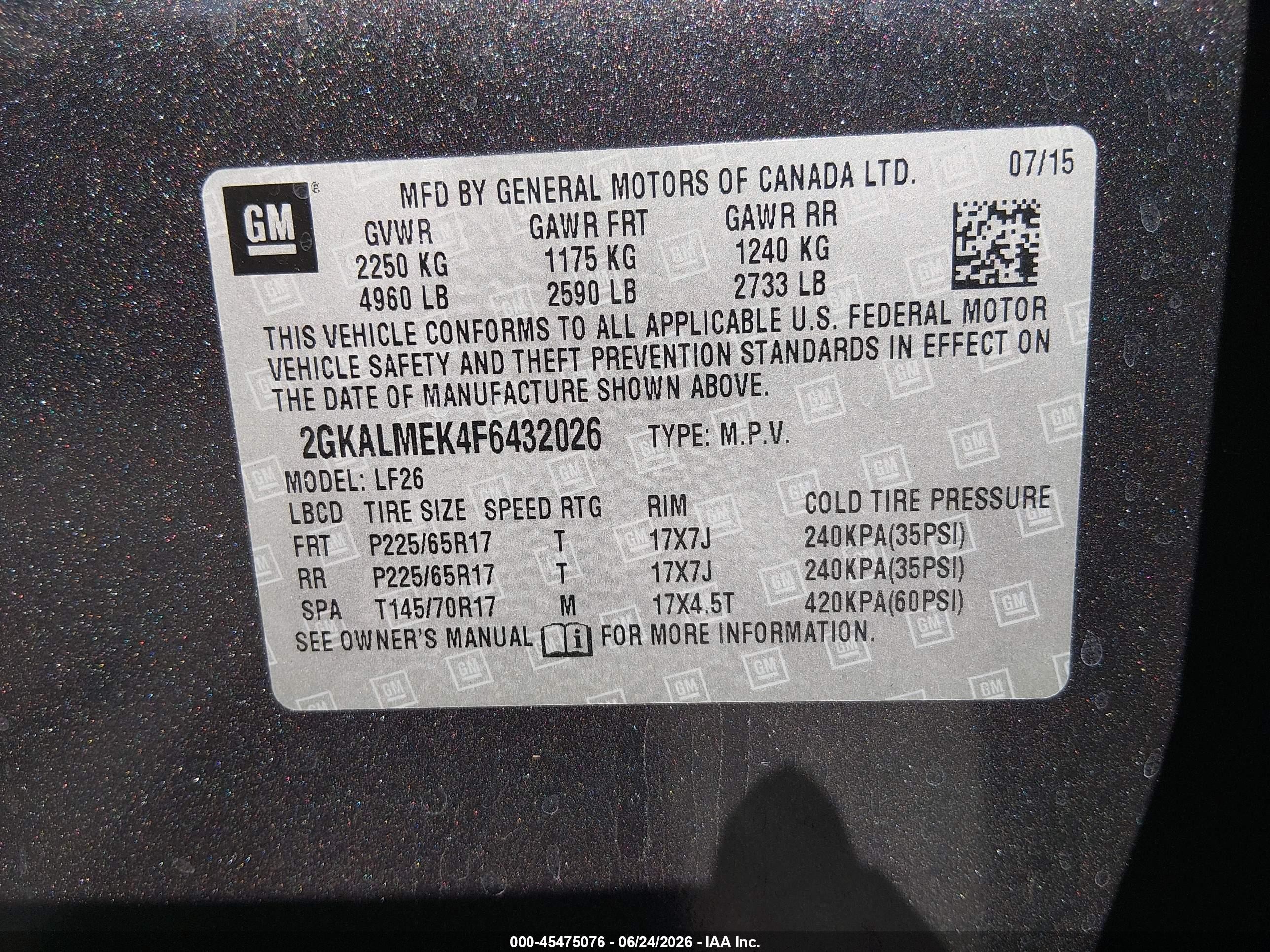 2015 Gmc Terrain Sle-1 Gray vin: 2GKALMEK4F6432026
