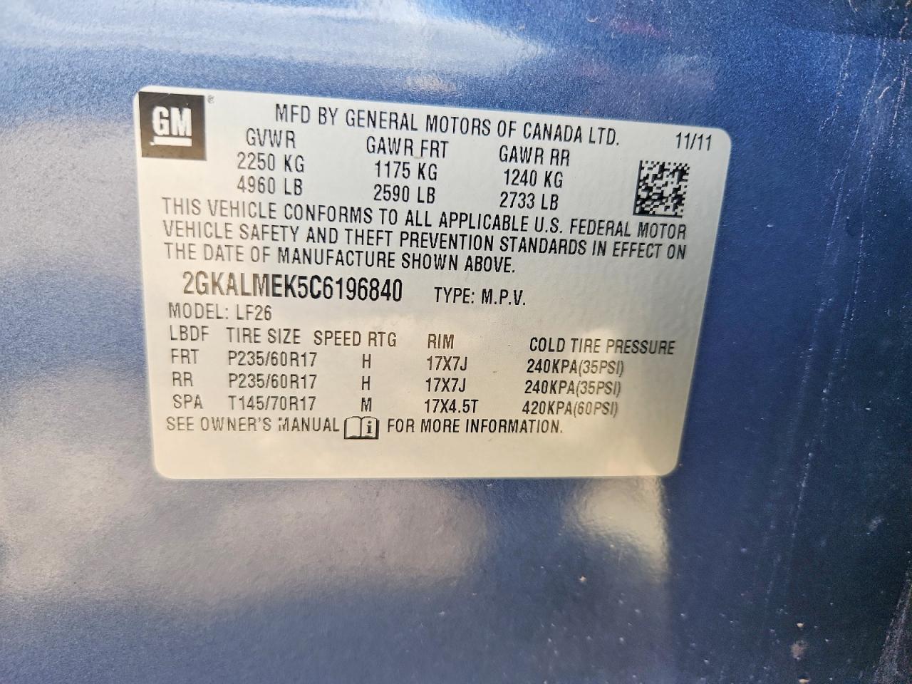 2012 Gmc Terrain Sle Blue vin: 2GKALMEK5C6196840