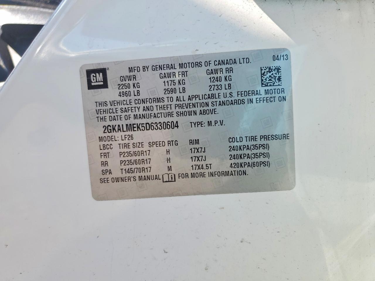 2013 Gmc Terrain Sle White vin: 2GKALMEK5D6330604