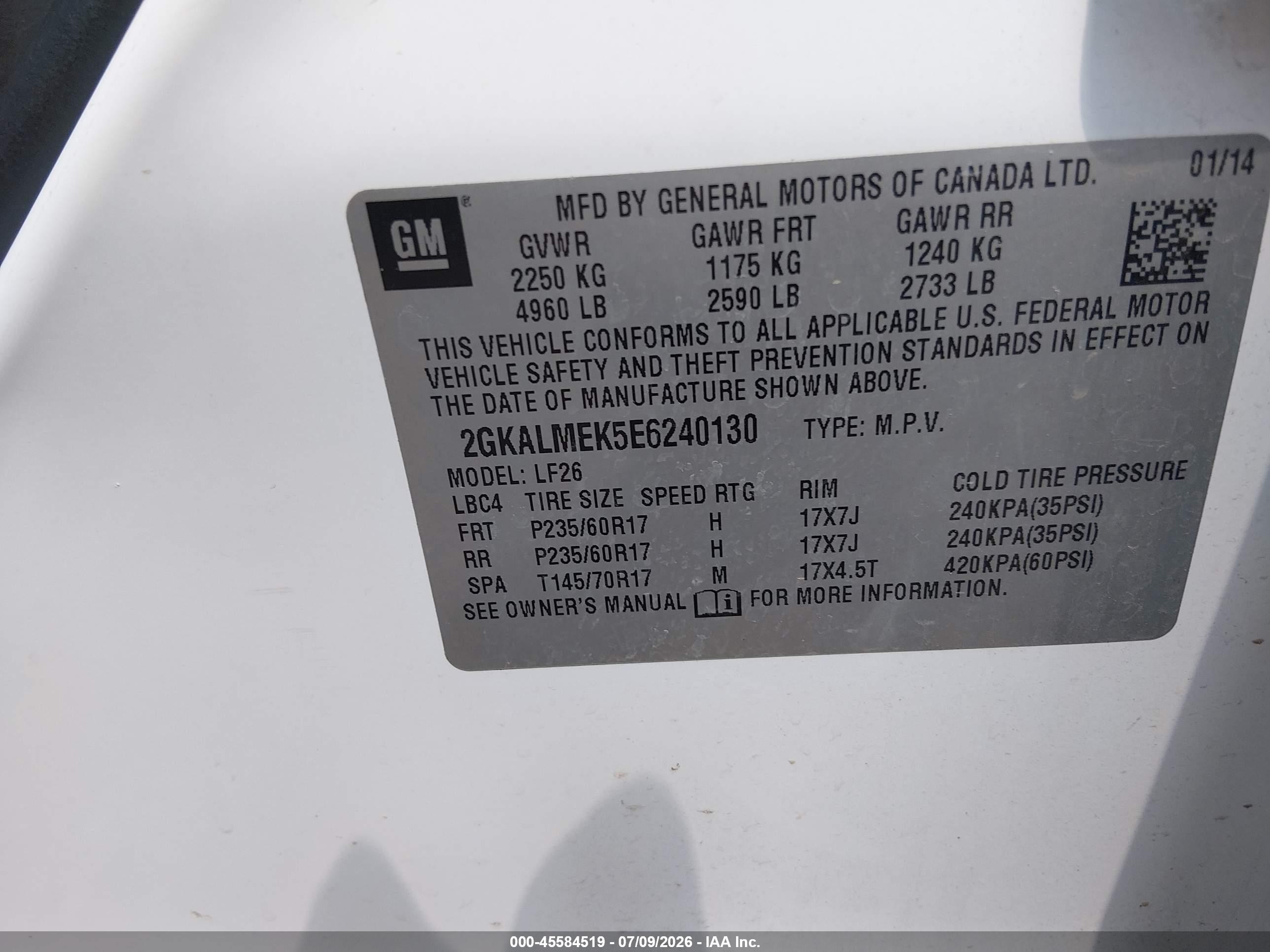 2014 Gmc Terrain Sle-1 White vin: 2GKALMEK5E6240130