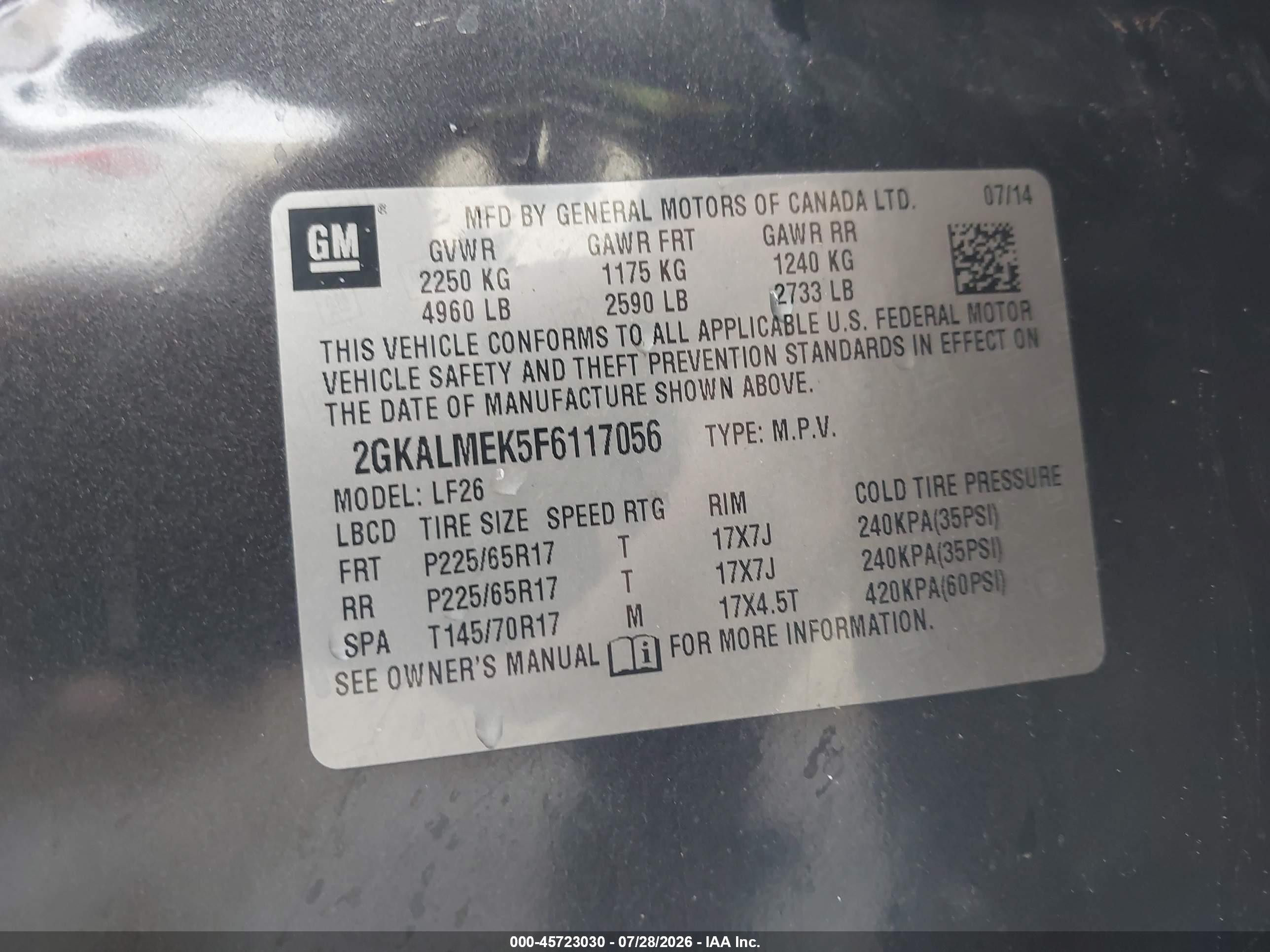 2015 Gmc Terrain Sle-1 Gray vin: 2GKALMEK5F6117056