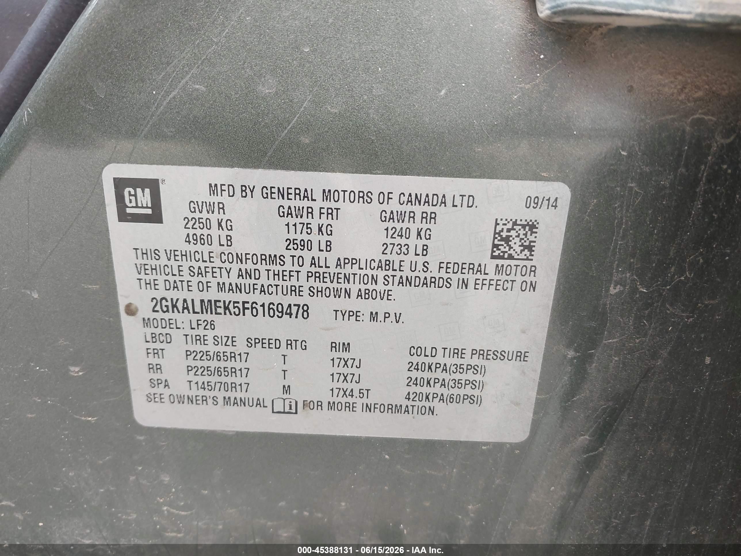 2015 Gmc Terrain Sle-1 Green vin: 2GKALMEK5F6169478