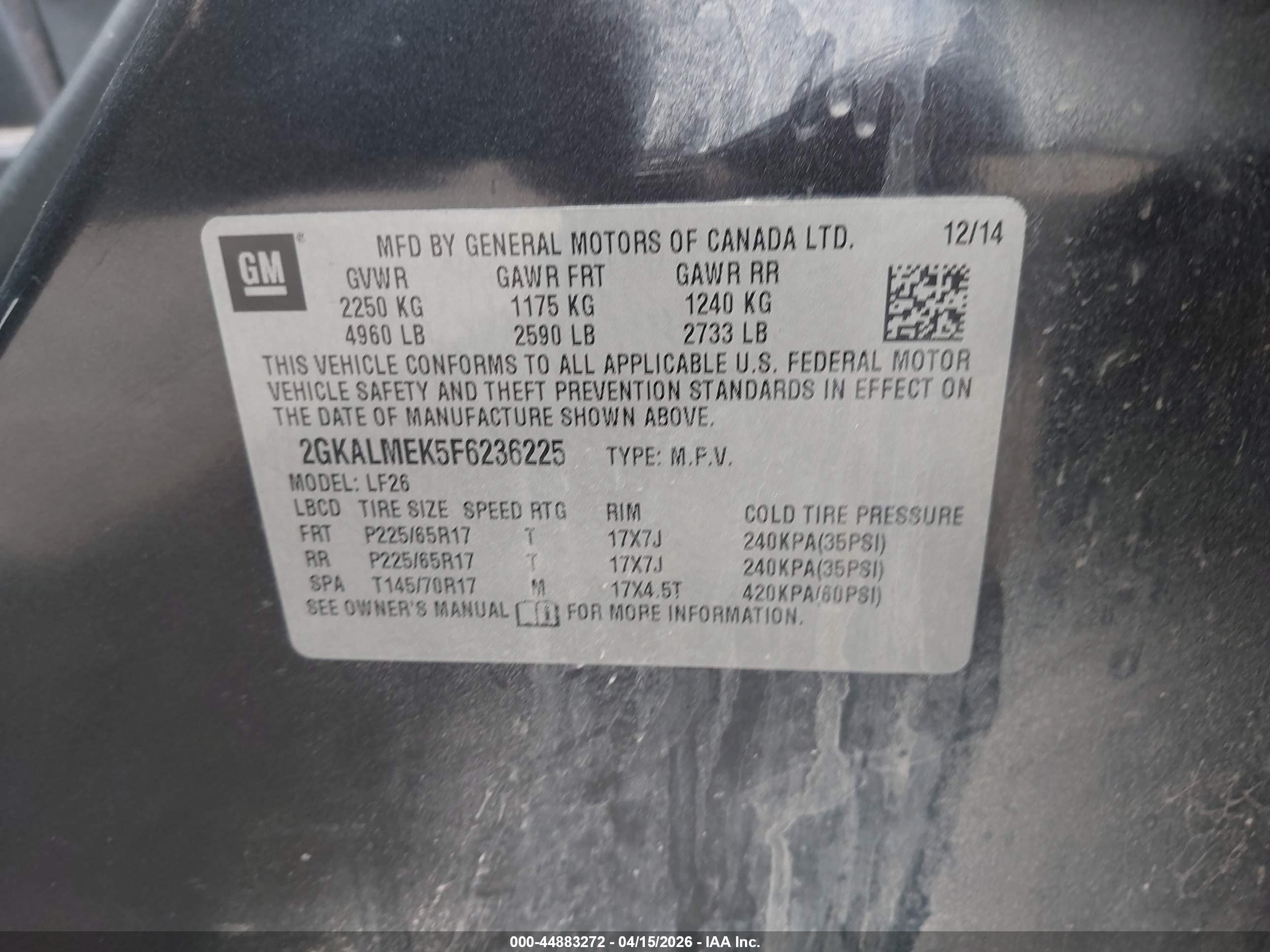 2015 Gmc Terrain Sle-1 Gray vin: 2GKALMEK5F6236225
