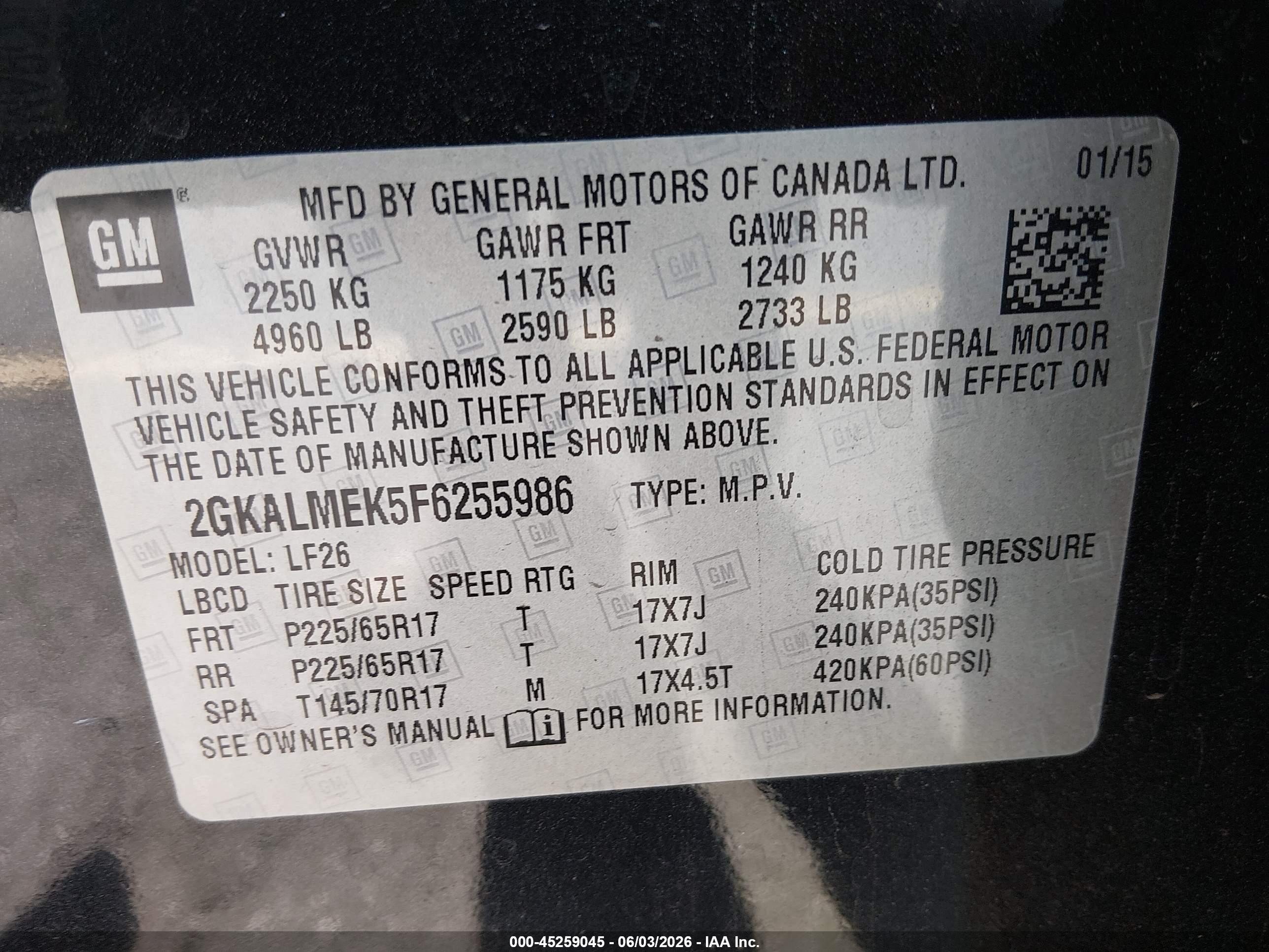 2015 Gmc Terrain Sle-1 Черный vin: 2GKALMEK5F6255986