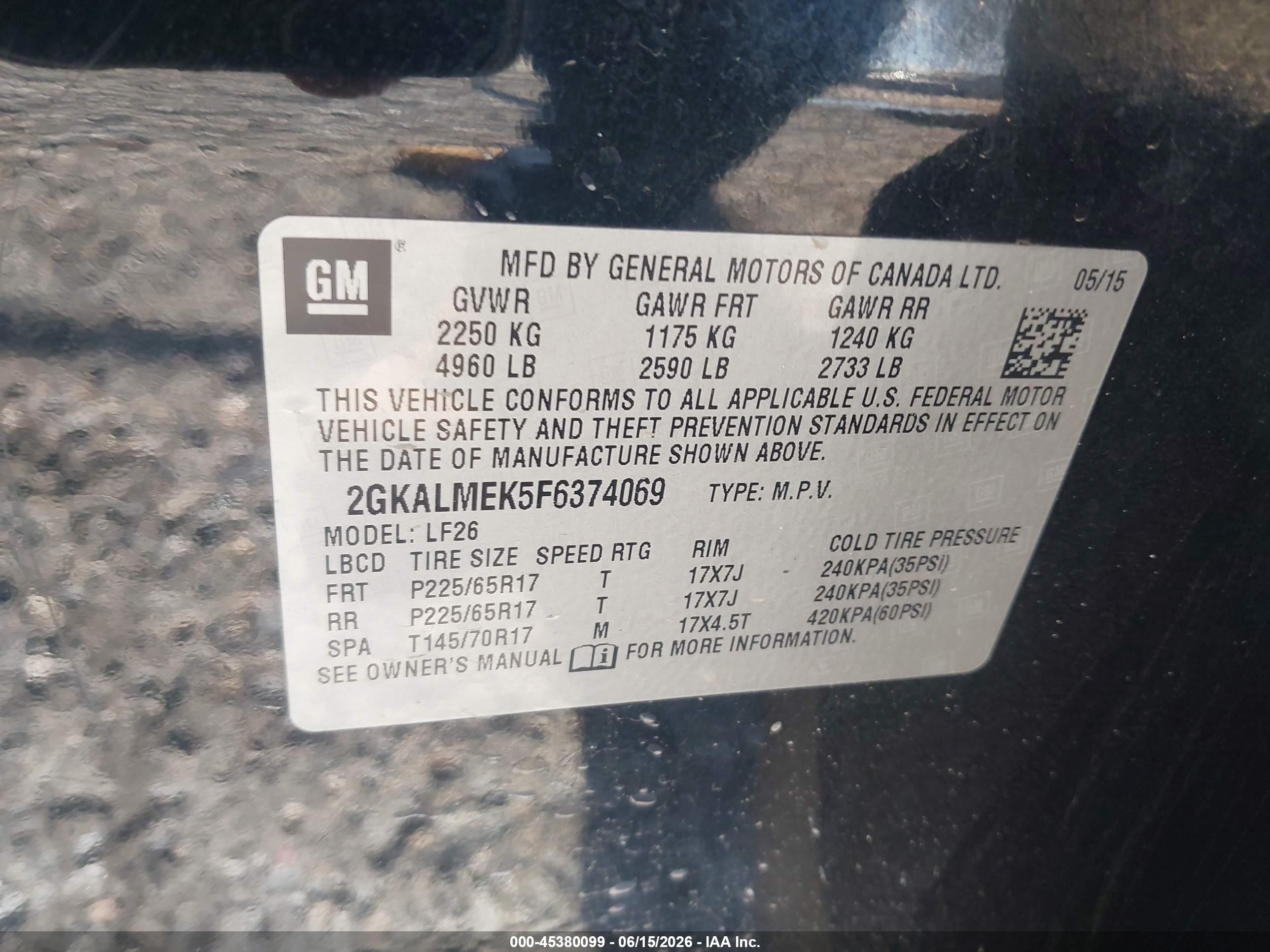 2015 Gmc Terrain Sle-1 Black vin: 2GKALMEK5F6374069