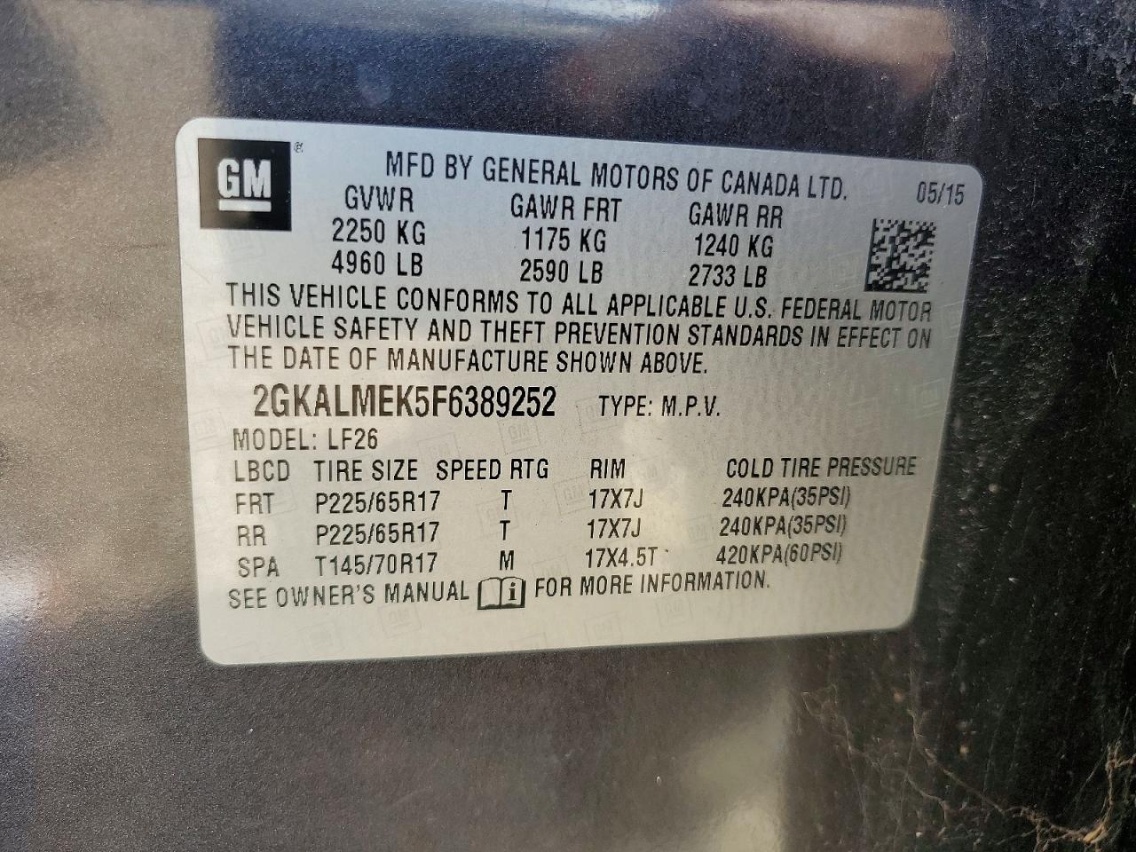 2015 Gmc Terrain Sle Серый vin: 2GKALMEK5F6389252