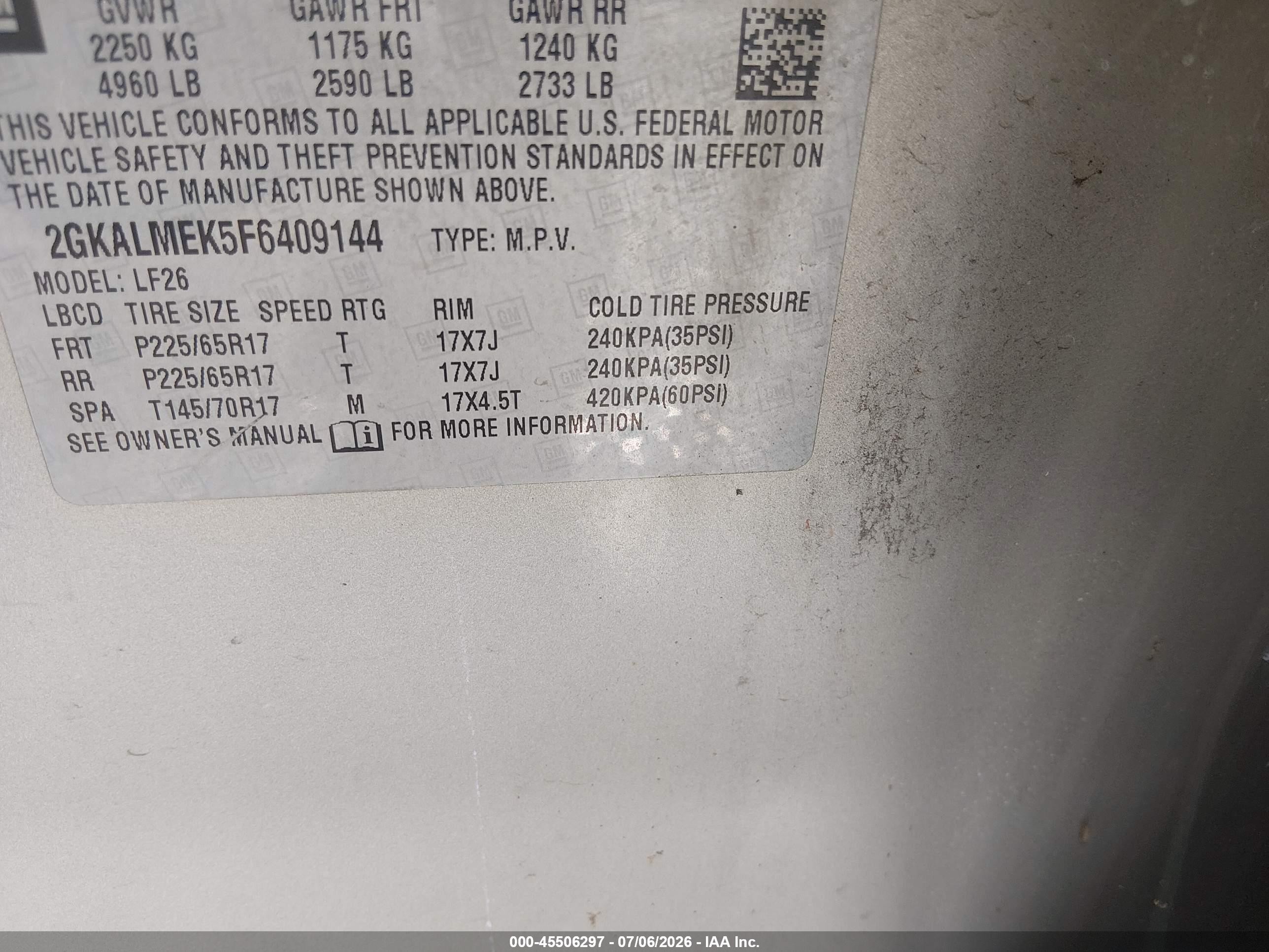 2015 Gmc Terrain Sle-1 Gray vin: 2GKALMEK5F6409144