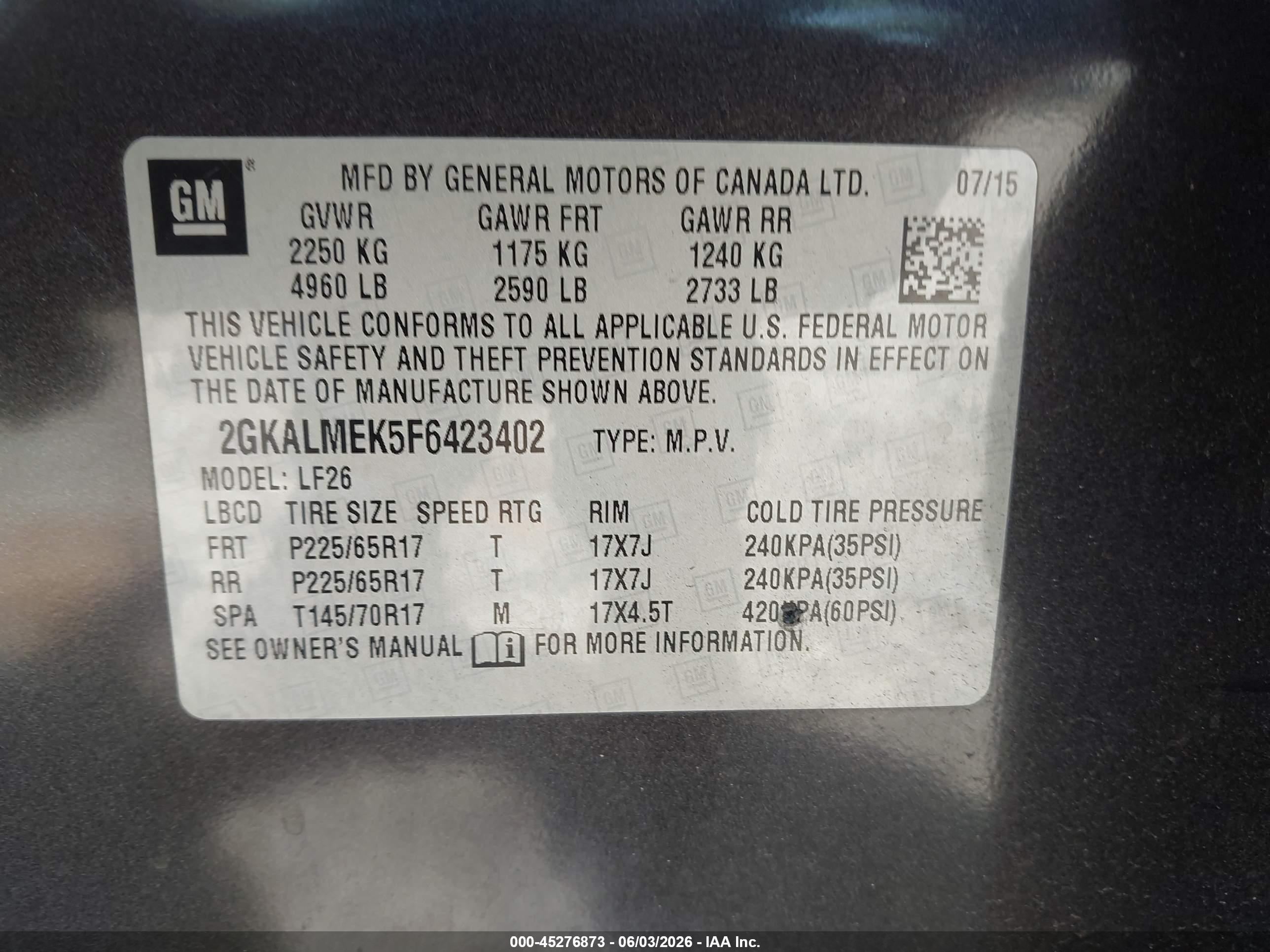 2015 Gmc Terrain Sle-1 Gray vin: 2GKALMEK5F6423402