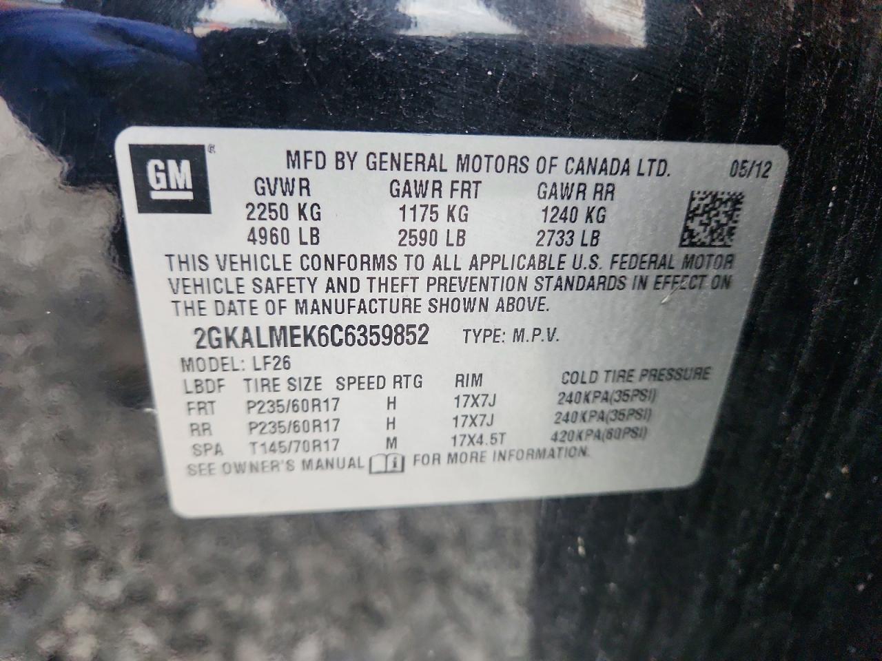 2012 Gmc Terrain Sle Black vin: 2GKALMEK6C6359852